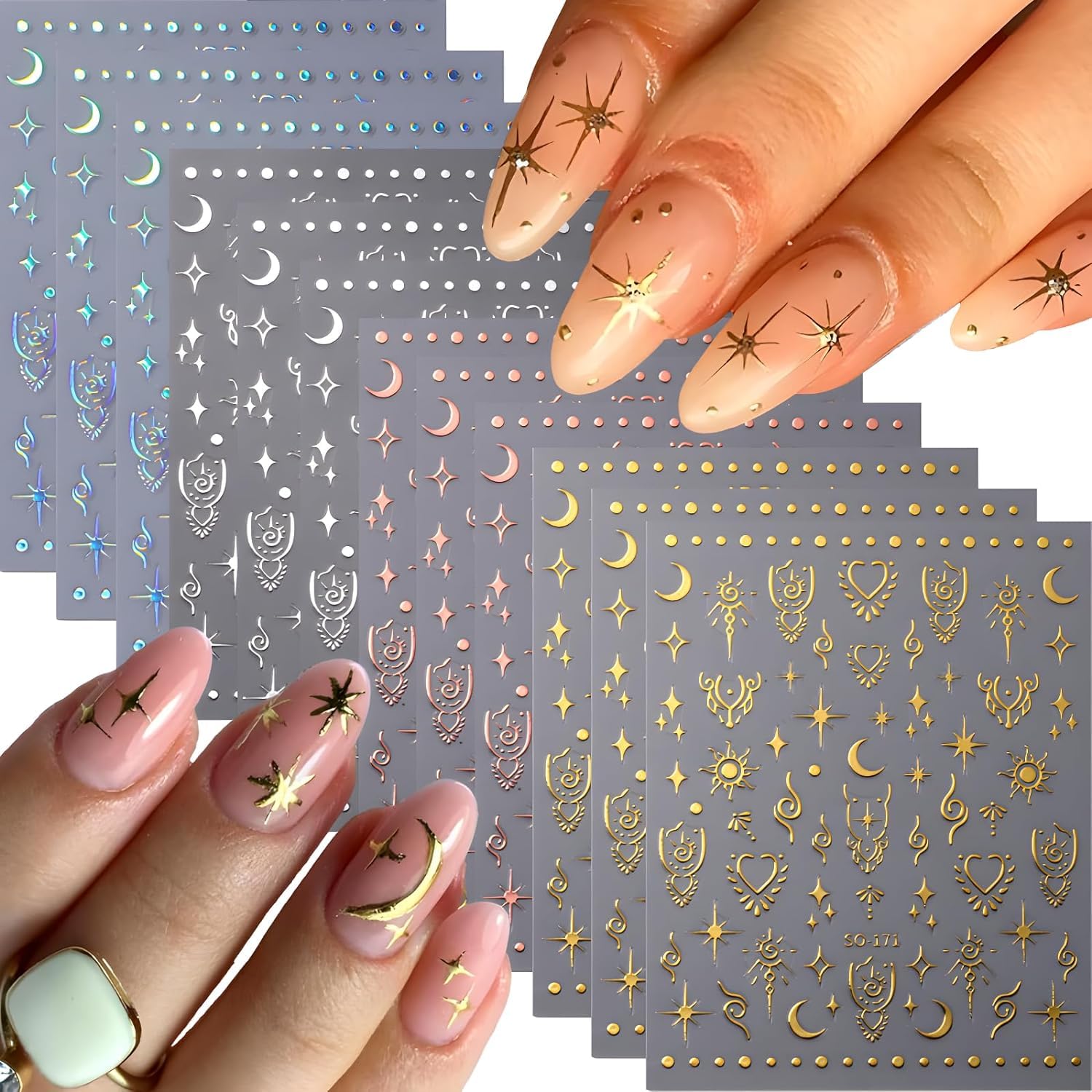 12 Sheets Metallic Sun Star Nail Art Stickers Silver Aurora Gold Moon Nail Stickers 3D Self-AdhesiveGlitter Rose Gold Silver Star Moon Nail Art Design