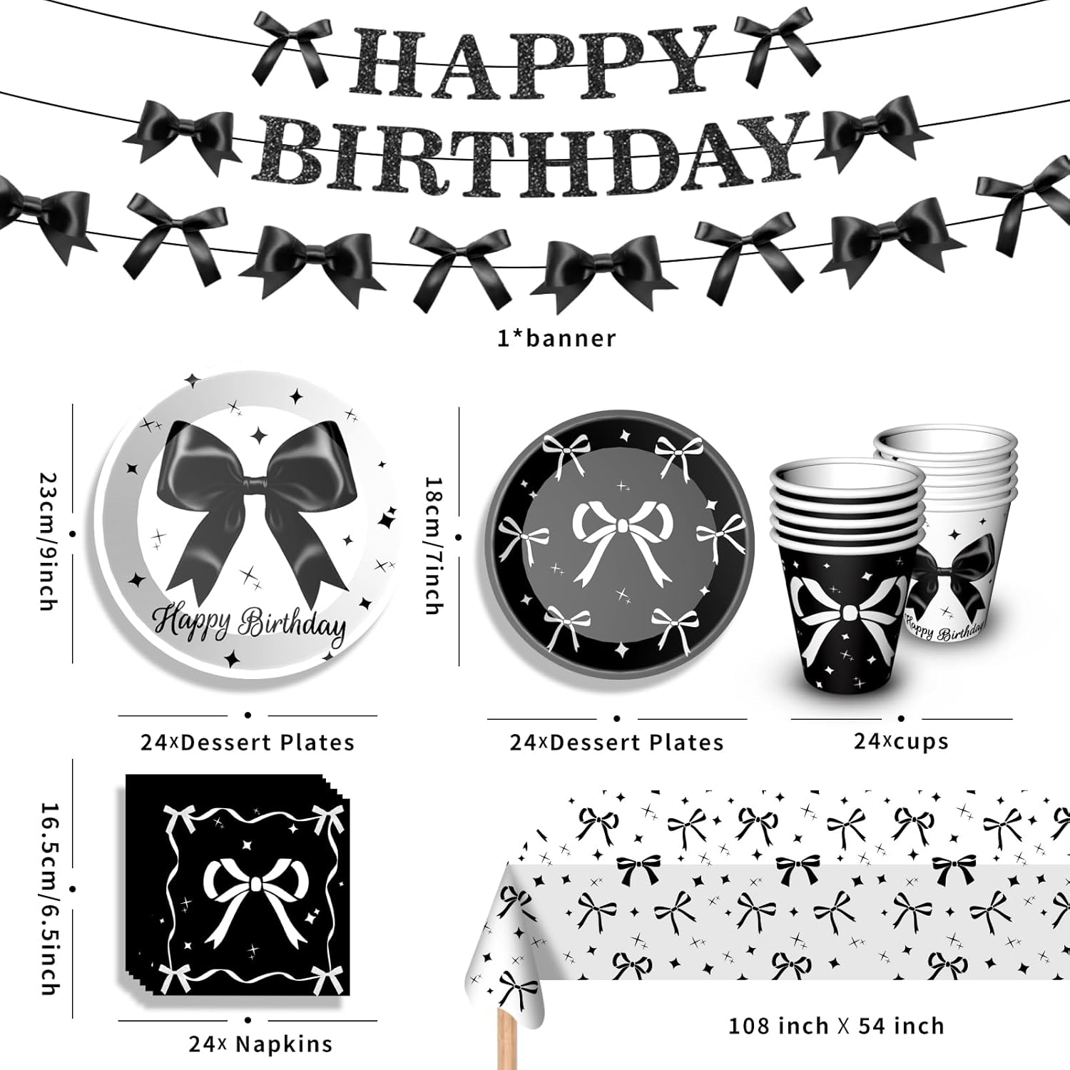 Black Bow Birthday Party Supplies Girl Coquette Birthday Party Decorations Includes Black Bow Plates Napkins Cups Tablecloth Banner for Bow Theme Party Decorations, Serve 24 - Image 2