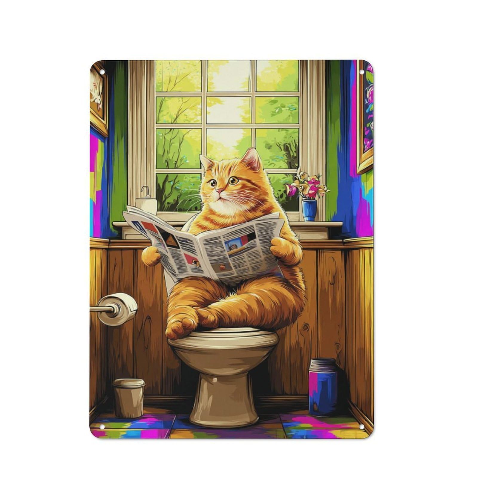Junmoney Cat Reading Newspaper On Toilet Metal Wall Sign 40X30cm Featuring For Bar Or Restaurant, For Restaurant Interior Fans