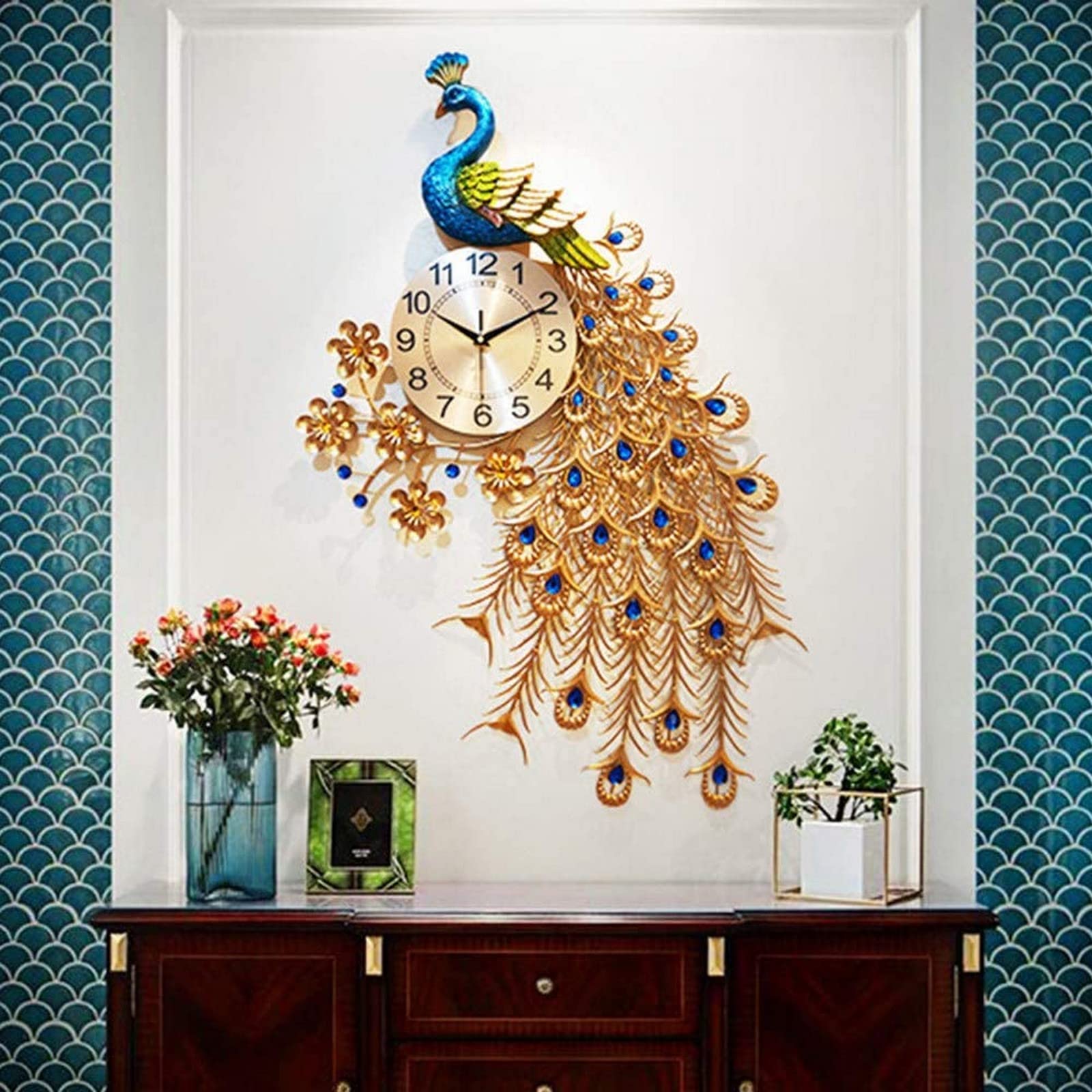 SaryEdge Wall Clock Art Large Clock Simple Modern Peacock Clock, European Home Living Room Quiet Atmosphere Wall Clock Quartz Clock Art Decor Suitable for Home, Kitchen, Office,