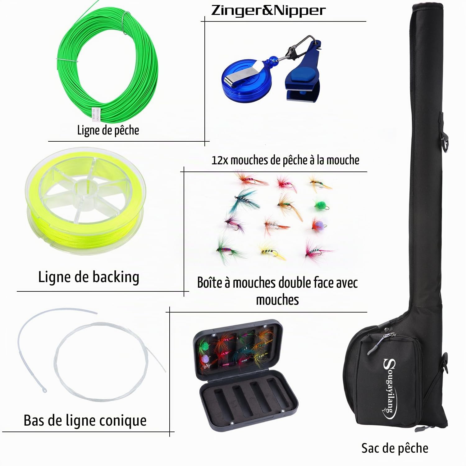 Sougayilang Kit de démarrage standard pour pêche à la mouche - 5/6" - Poids : 22,9 cm - Avec poignée Superpolymère - Accessoires - Moulinet CNC - Sac de transport