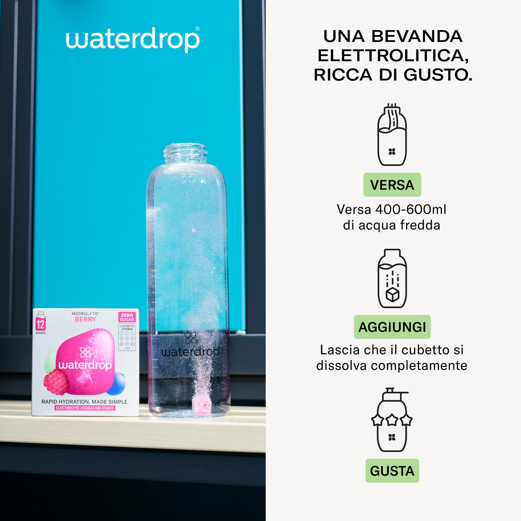 waterdrop® Microlyte BERRY, Sali Minerali: 4 Elettroliti, 9 Vitamine + Magnesio, 12 Cubetti per acqua, Insaporitore Acqua, Baie, Bevanda sportiva senza zucchero, Vegan e Cheto