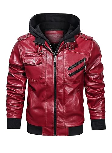HOOD CREW Men’s Casual Stand Collar PU Faux Leather Zip-Up Motorcycle Bomber Jacket With a Removable Hood - 4X-Large - Red