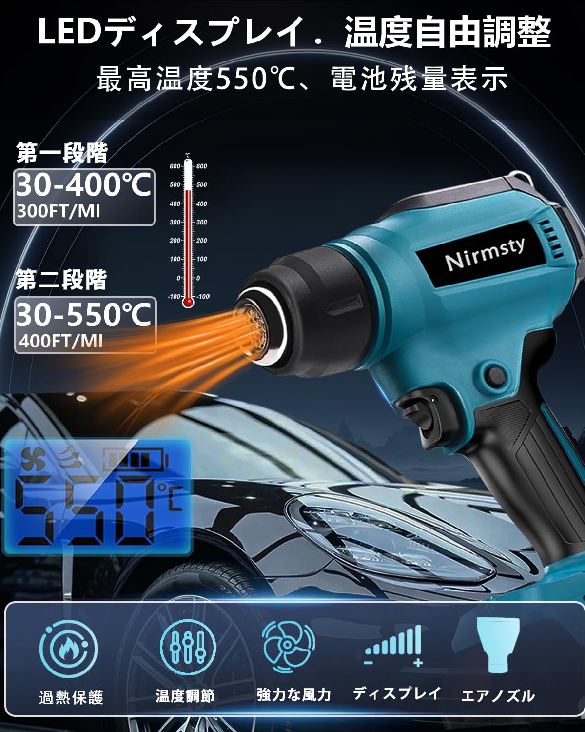 ヒートガン コードレス 小型 充電式ヒートガン 30～550°液晶に温度調整 b Amazon | ヒートガン コードレス 小型 充電式ヒートガン 30～550°液晶