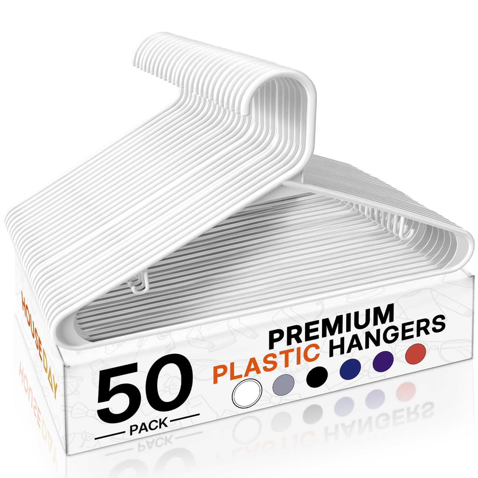 Photo 1 of **STOCK PHOTO SIMILAR NOT EXACT** HOUSE DAY White Plastic Hangers 50 Pack, Plastic Clothes Hangers with Built-in Hooks, Durable and Strong Plastic Coat Hangers for Closet, Space Saving Clothing Hanger for Shirts, Coats, Skirt, Dress
