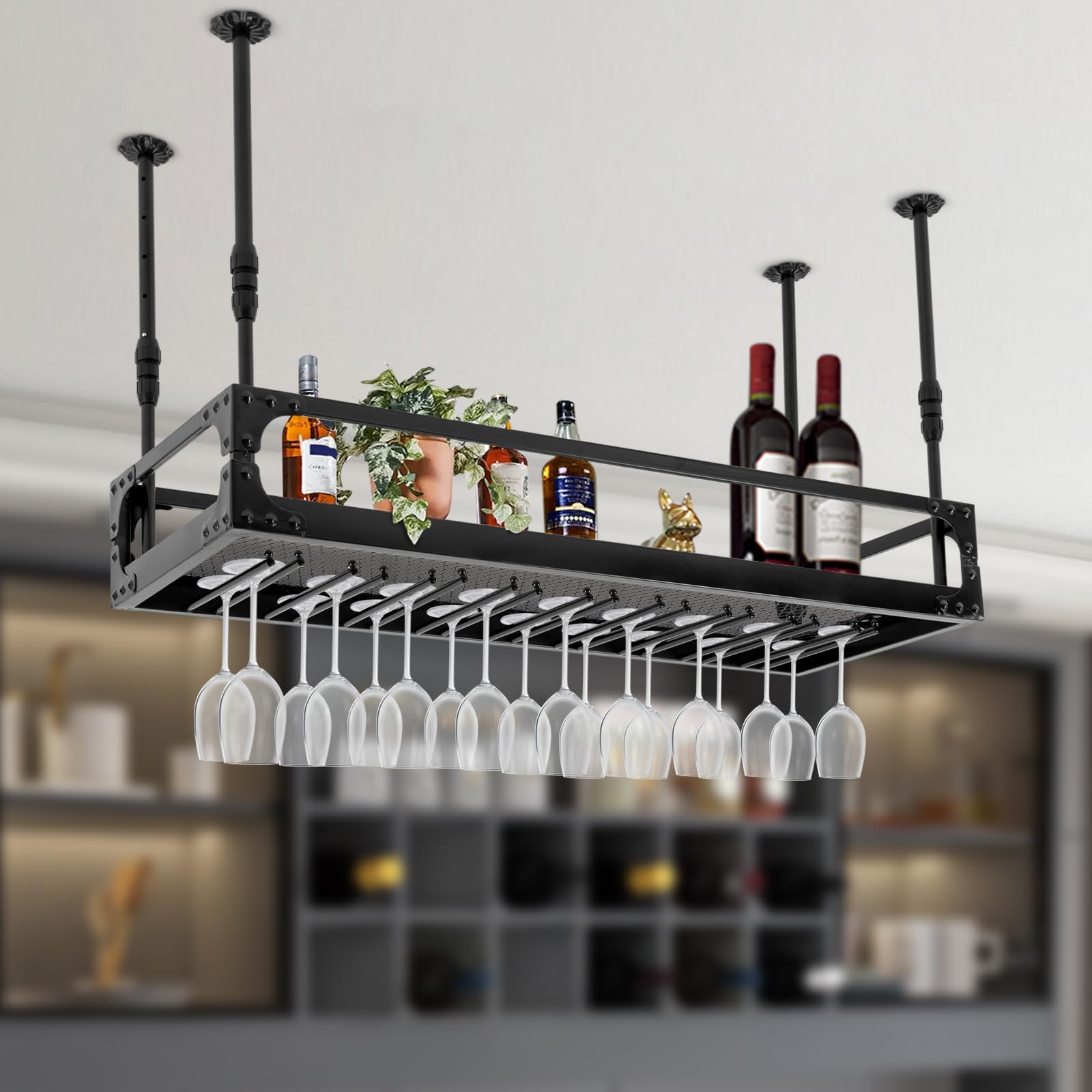 Estante de techo, estante para botellas de vino, soporte para botellas de vino, estante colgante retro de hierro, altura ajustable, estante colgante de hasta 50 kg, para bar, cafetería, cocina