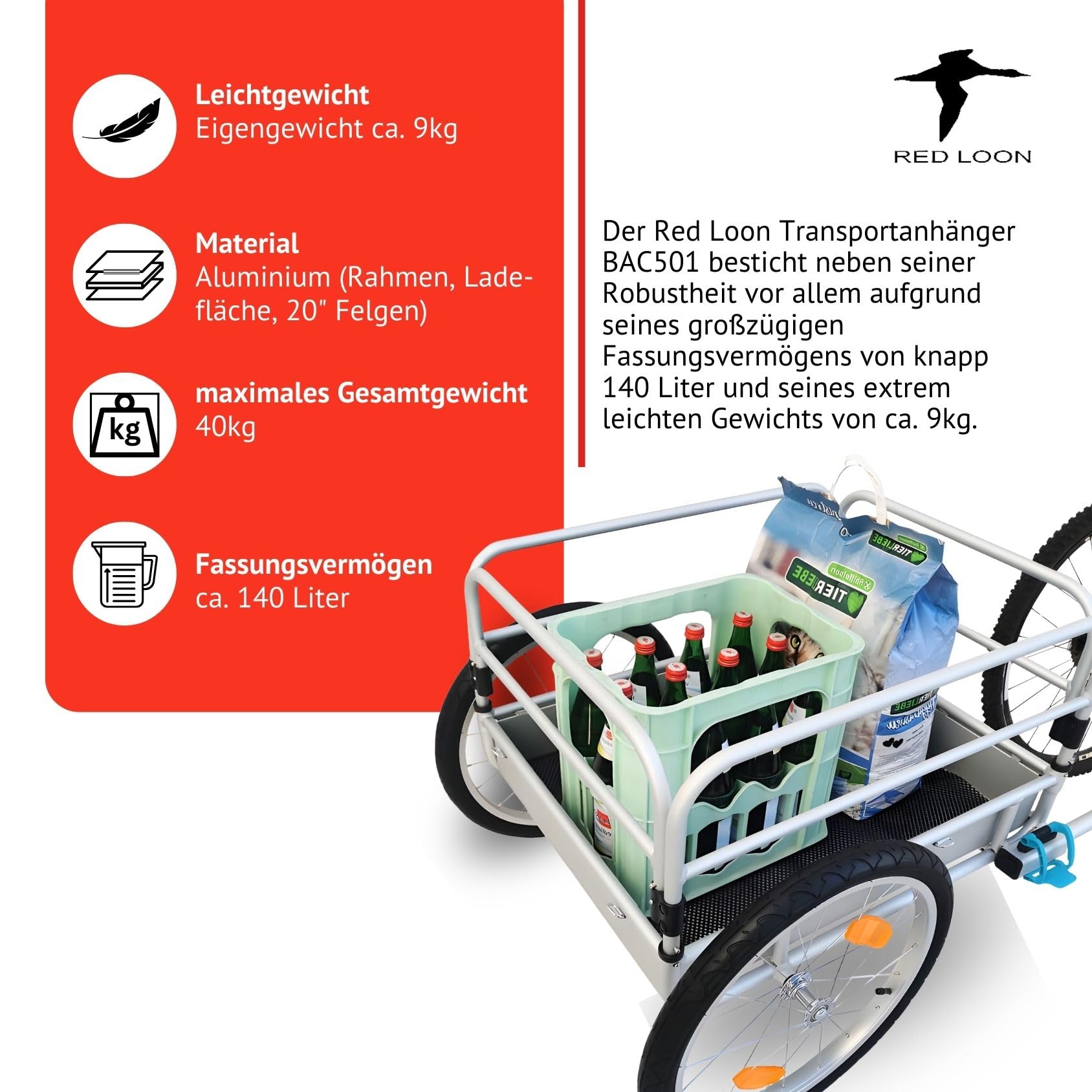 Red Loon BAC501 - Remolque para bicicleta, aluminio, extremadamente ligero, 140 litros, neumáticos de 20", para bicicletas de 26 a 29 pulgadas, para bicicletas de 26 a 29 pulgadas