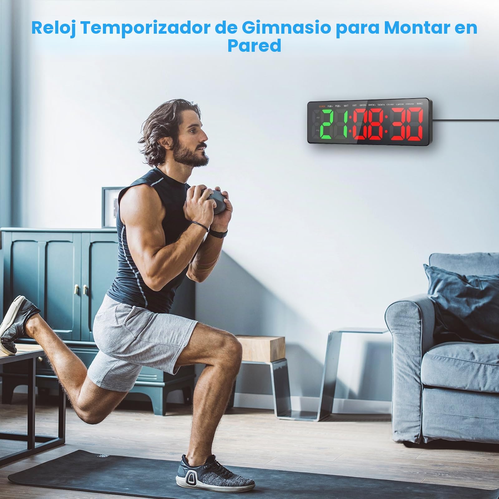 Temporizador de Gimnasio, 16.5" Grande Reloj de Pared Digital Temporizador de Intervalo LED con Countdown & Up Cronómetro, Brillo & Volumen Ajustable, Gym Timer con Control Remoto para Casa