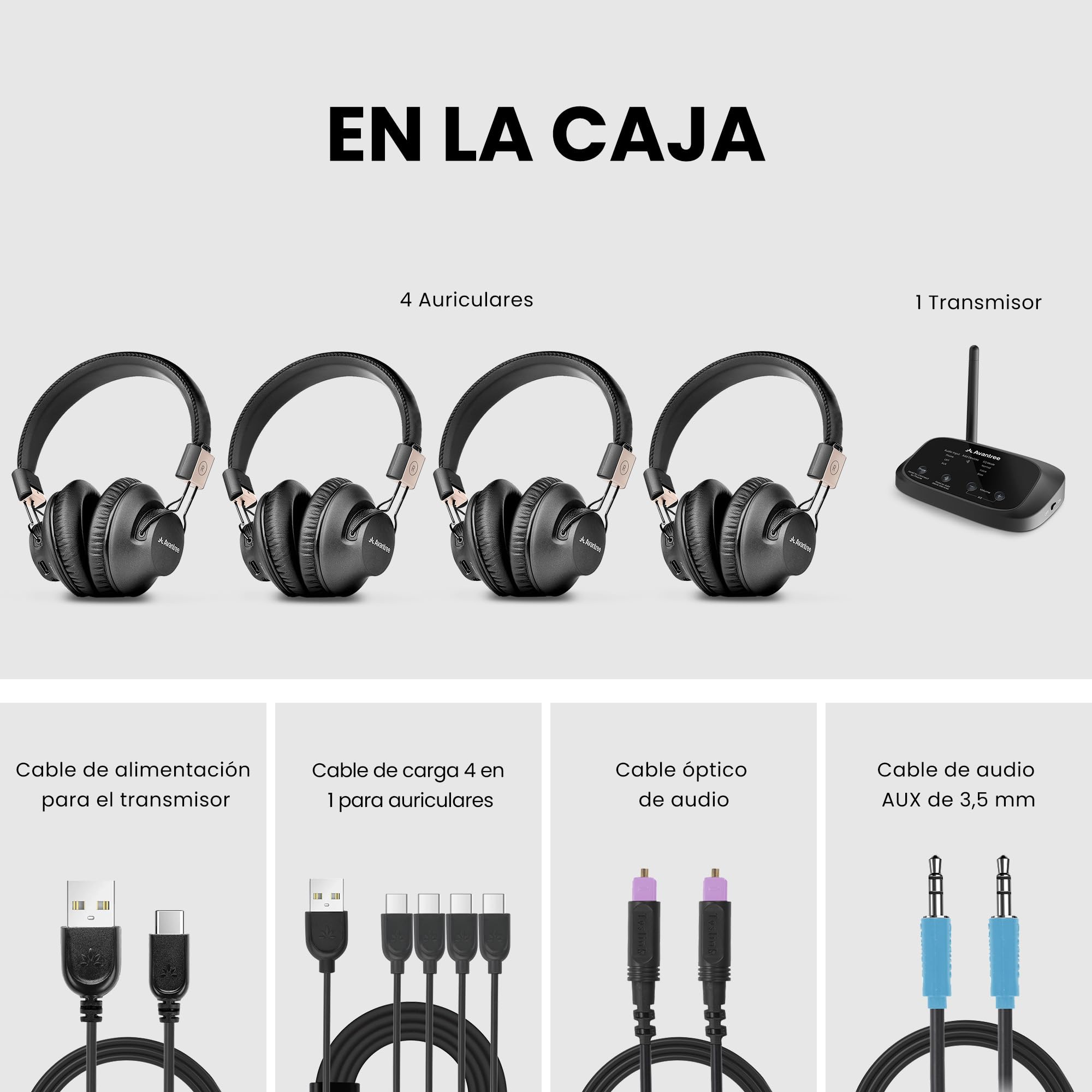 Avantree Quartet 2 - Sistema de Escucha en Grupo inalámbrico Compatible con Bluetooth para TV, Discoteca silenciosa, Baja latencia y Voces claras - Conecte múltiples Auriculares a teléfono, PC, TV