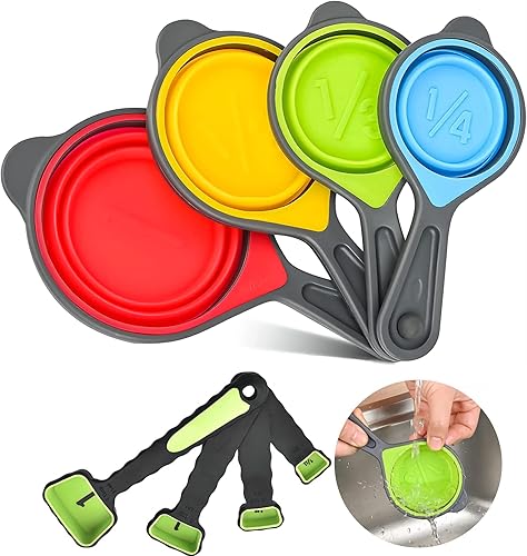 Hotsyang Juego de tazas y cucharas medidoras plegables, 8 tazas y cucharas medidoras portátiles de silicona, para medición líquida y seca, juego de