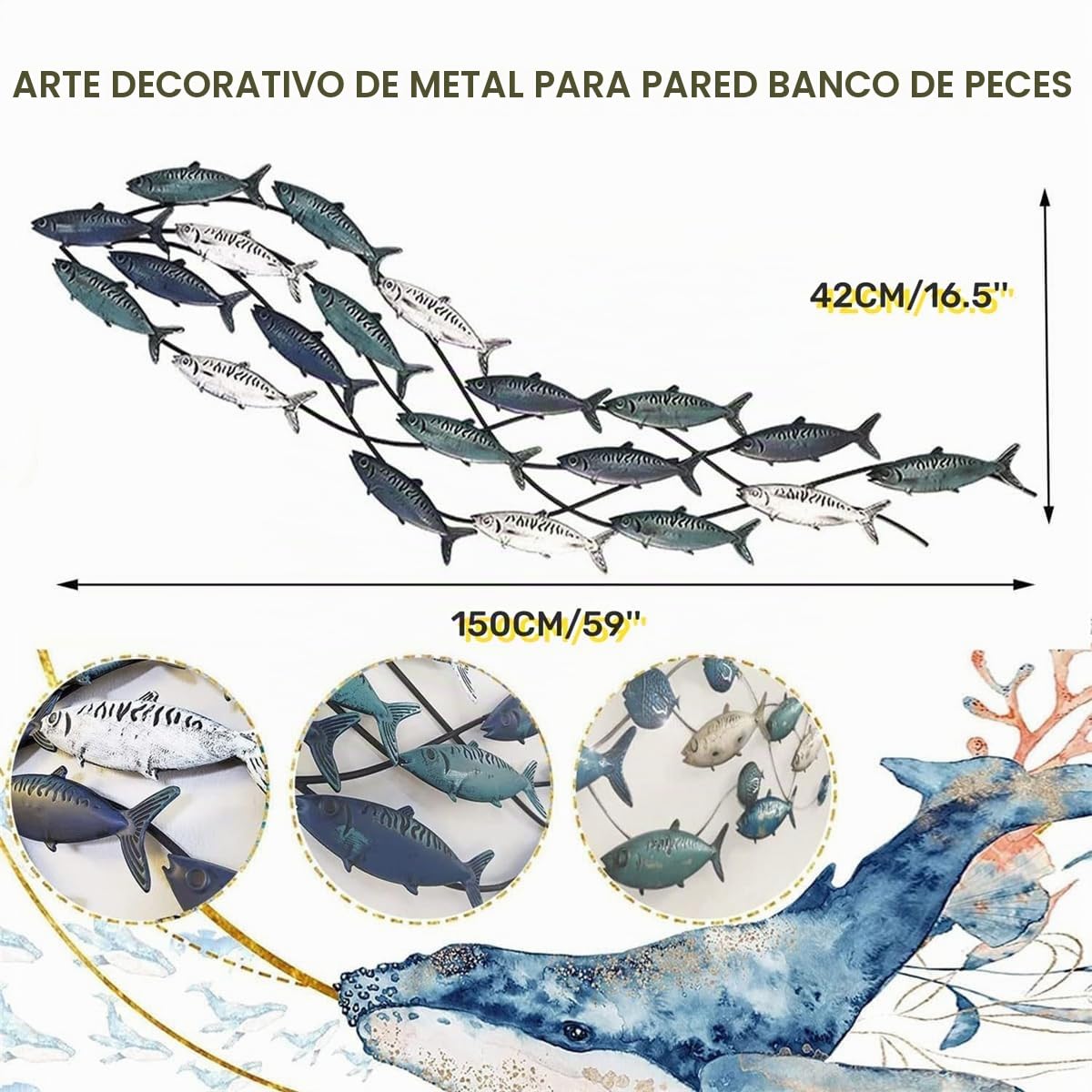 rcqeuiol Decoración de pared de peces de metal, arte de pared de peces en 3D, gran tema costero, escultura de pared de metal, decoración marina, para sala de estar, dormitorio, 59 x 16.5 pulgadas