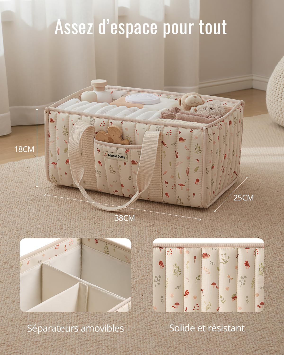 Blissful Diary Panier Rangement Bébé, Organiseur de couches pour Table à Langer, panier de rangement pour couches et lingettes pour bébé, cadeau pour fête prénatale,Crème Bois - 4