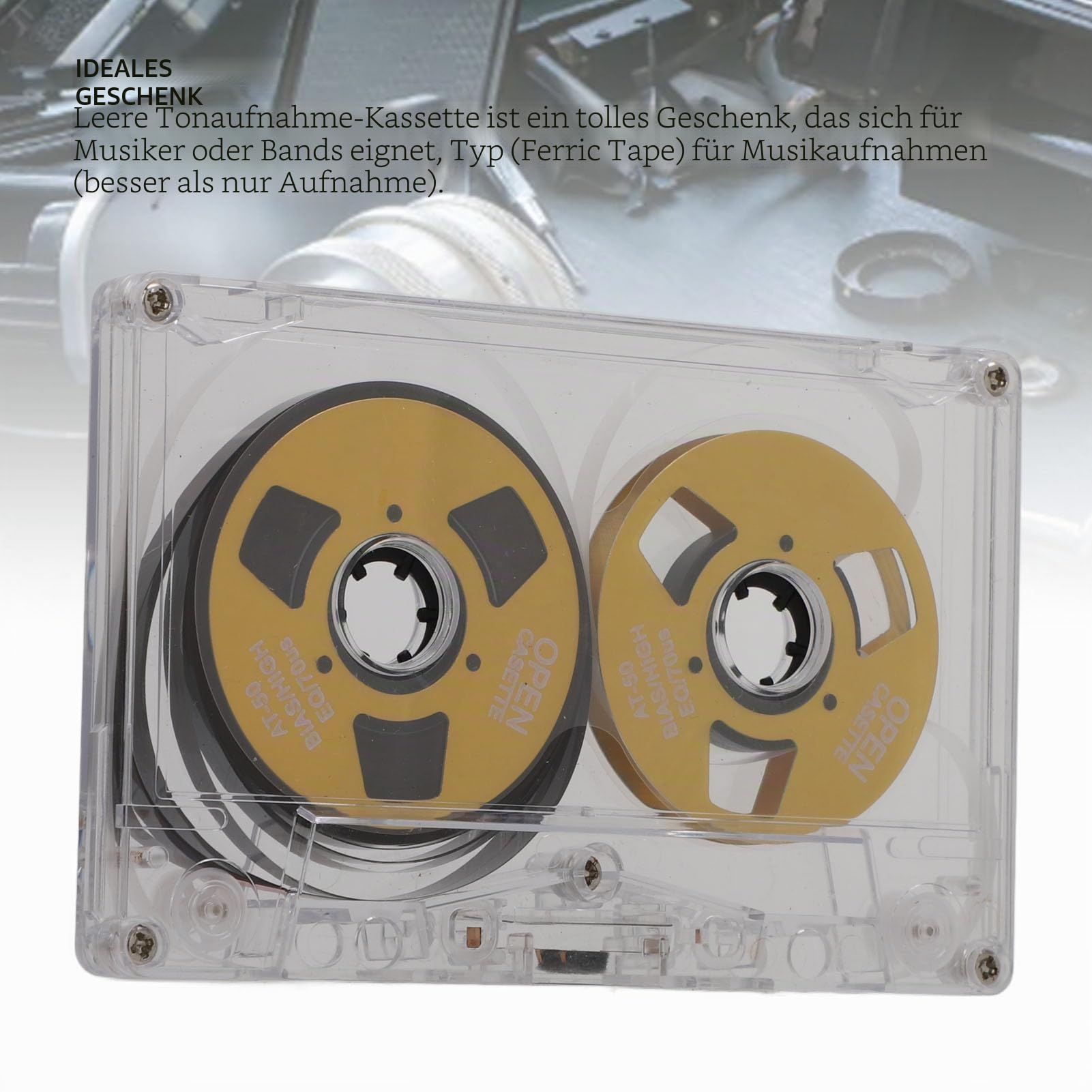 Leere Kassette von Rolle zu Rolle, 50 Minuten Aufnahmezeit, Normale Vorspannung, Doppelseitig, Metall-Tonkassette mit Transparenter Box