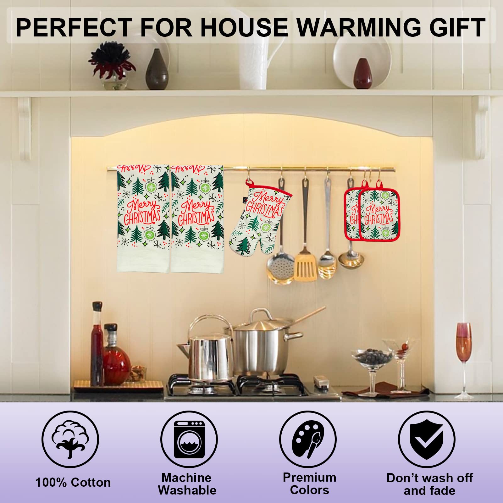 Juego de manoplas de horno y agarraderas 100% algodón perfecto para regalo, hornear y cocinar todos los días, resistente al calor para cocina (5 piezas Feliz Navidad)