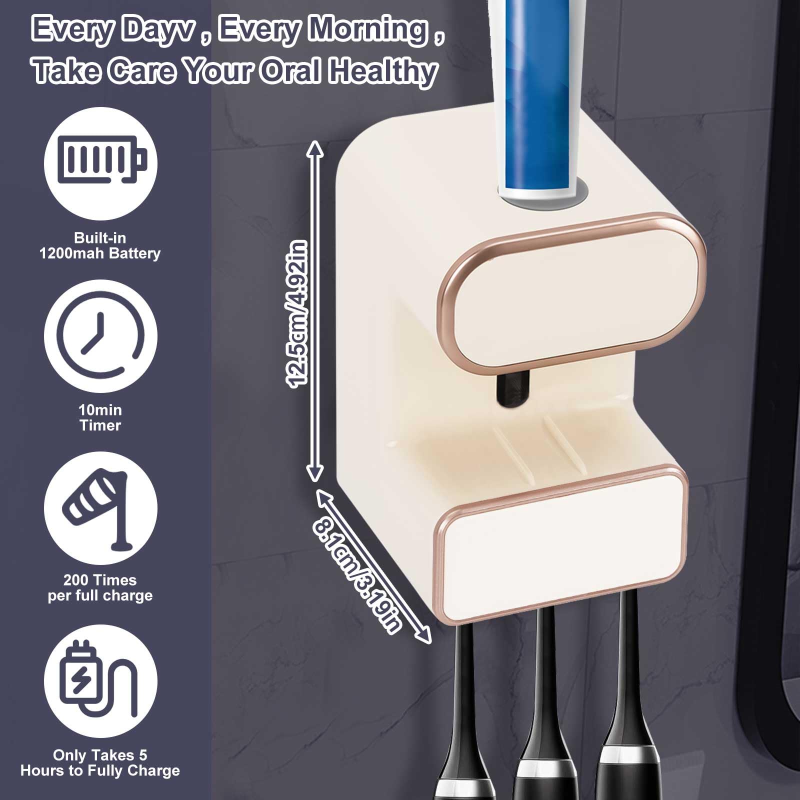 Soporte para cepillo de dientes eléctrico con esterilización UV y montaje en pared, dispensador automático de pasta de dientes con 3 ranuras para niños y adultos, sin necesidad de taladrar, color