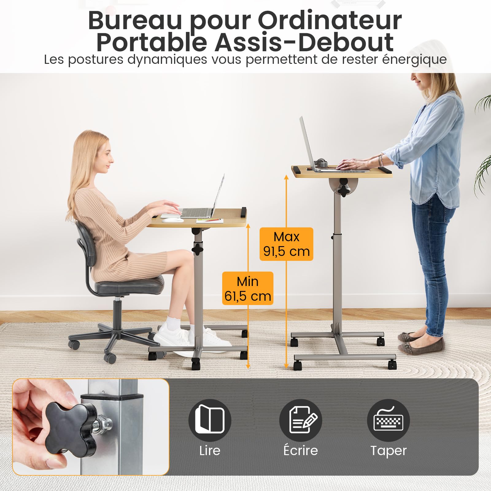 GYMAX Bureau Debout d'Ordinateur Portable, Tablette Inclinable, Hauteur Réglable 61-91cm, Bureau en Forme de C pour Lit Canapé, Gain de Place, pour Hôpital, Salon, Chambre