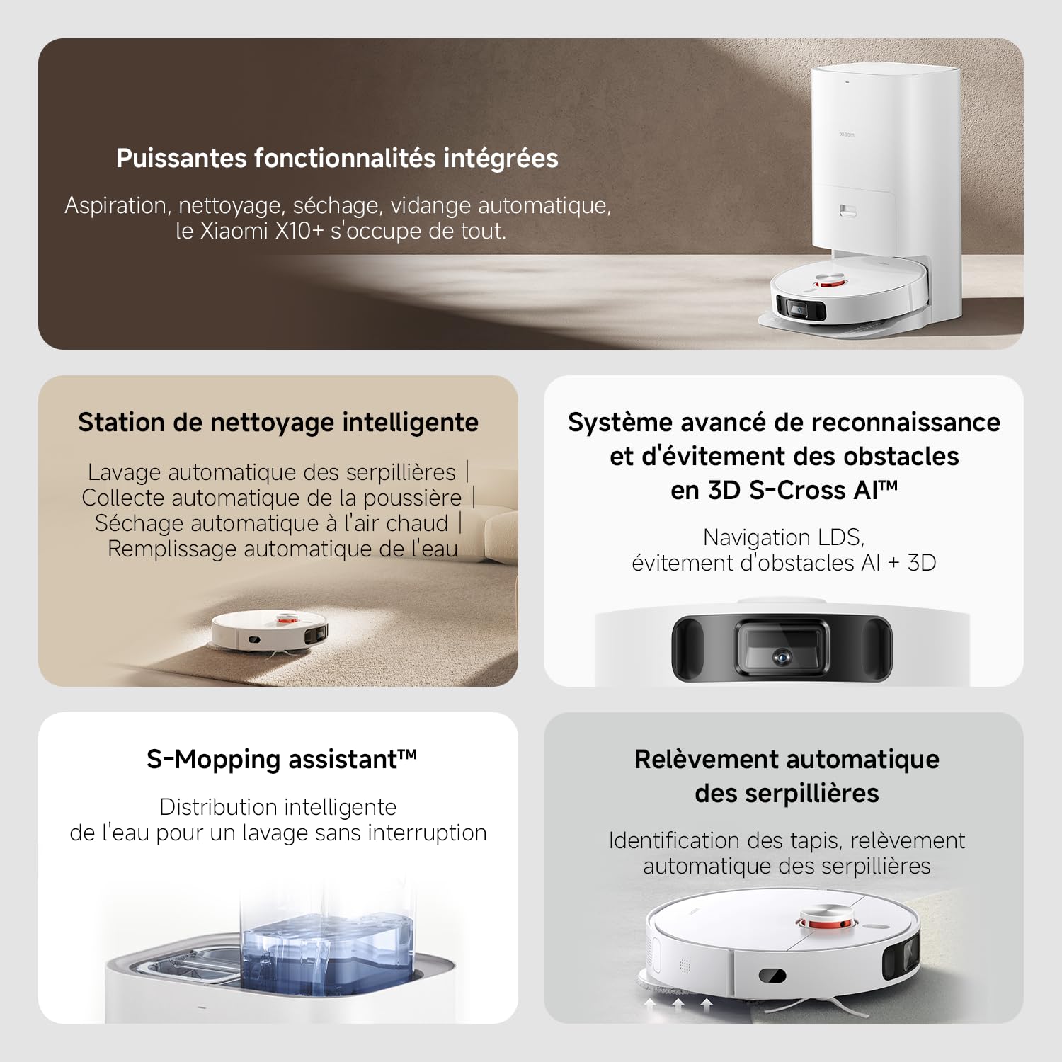 XIAOMI Robot Vacuum X10+ Blanc, Collecte Automatique de la poussière, Aspiration jusqu'à 4000Pa, Nettoyage des serpillères Automatique, 2 Heures d'autonomie, Brosse Inclus