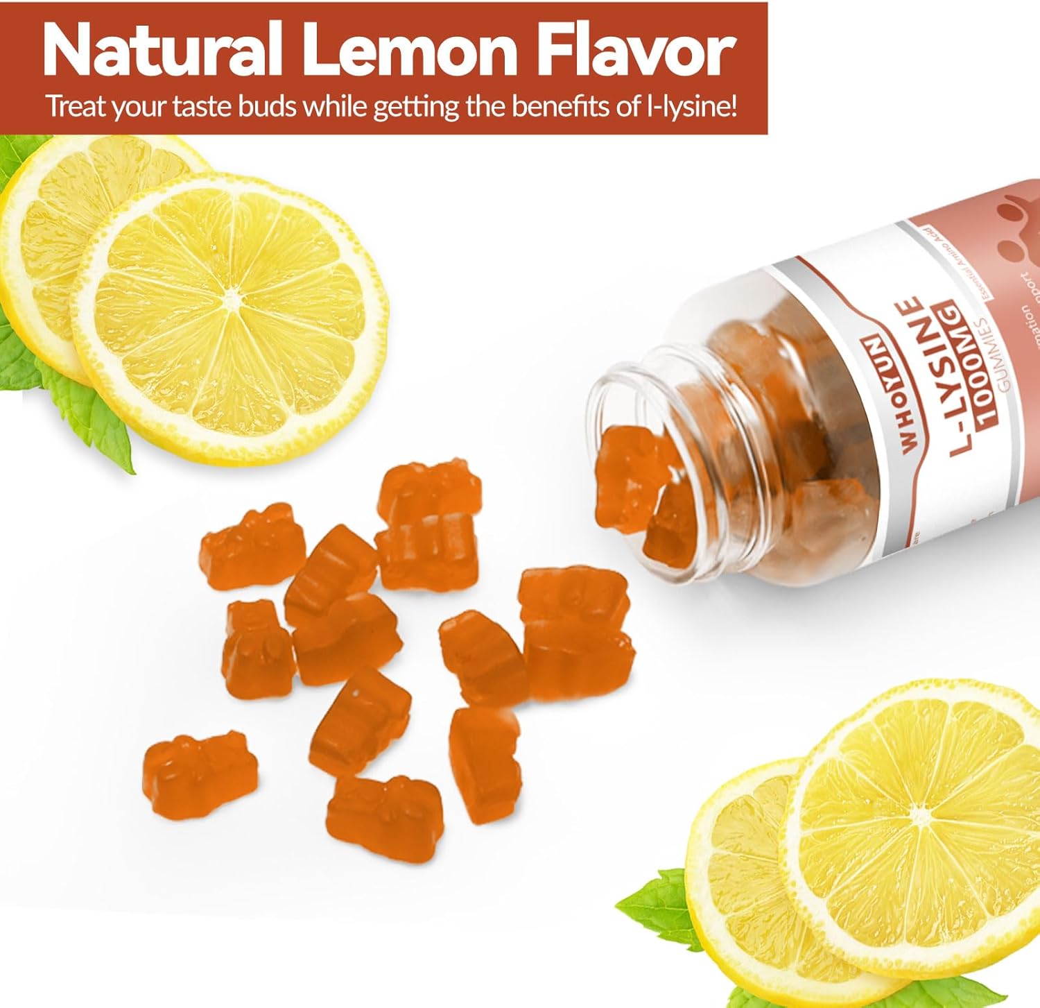 L-Lysine 1000mg Gummies, Chewable Lysine Supplement for Adults, Immune Support, Collagen Formation Support, Lemon Flavor, 120 Count