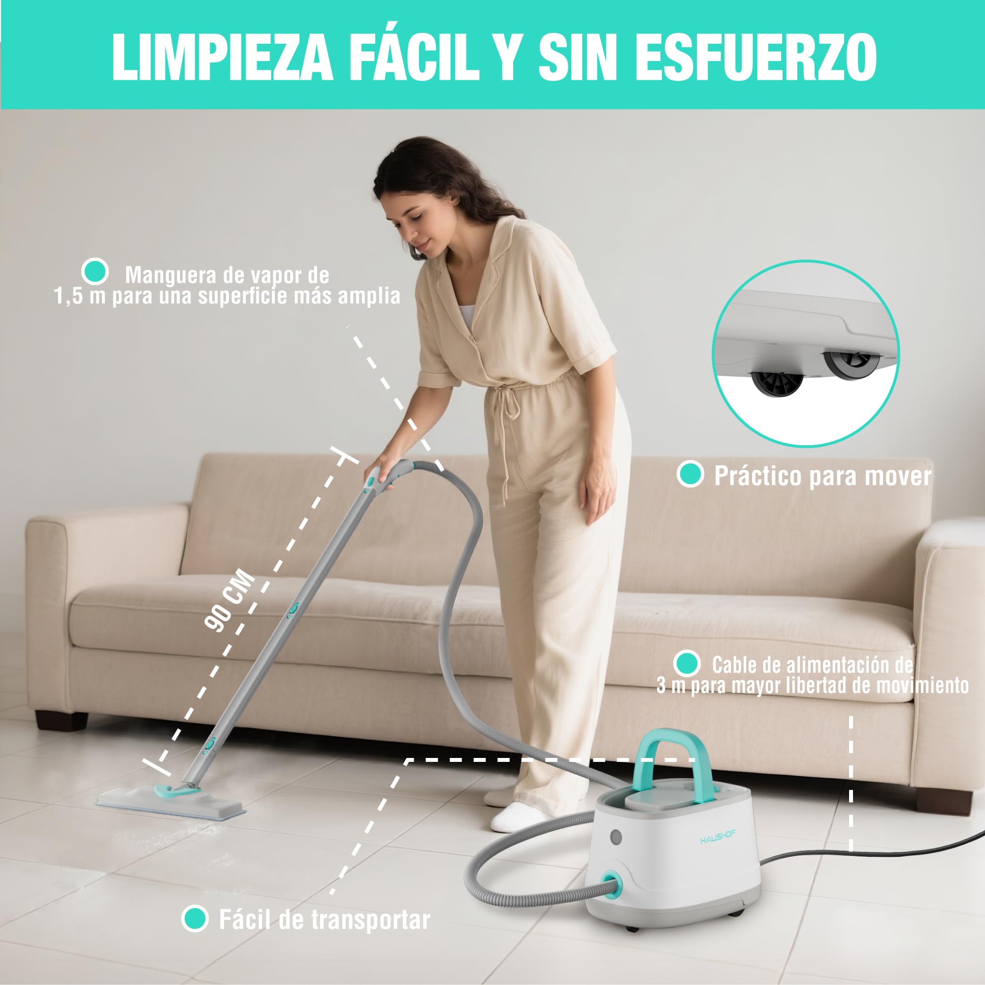 HAUSHOF Limpiador a Vapor Potente 2000W con Depósito de 1.5 L, Vapor a 4 Bares, Calentamiento Rápido, para Cocina, Baño, Suelos y Tejidos, con 14 Accesorios Versátiles