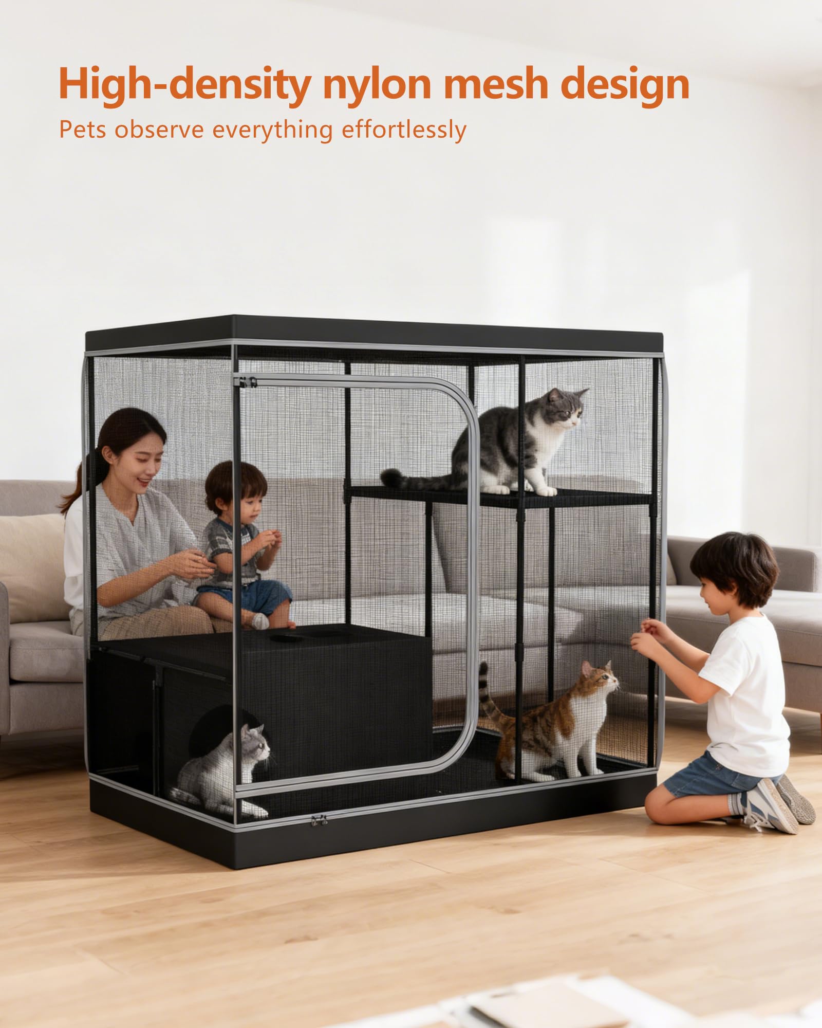 DINMO Jaula Grande para Gatos con Área para Arenero, Corralito de Interior para Gatos Adultos, Gatitos y Animales Pequeños, Caseta Multinivel con Suelo Impermeable, Negro