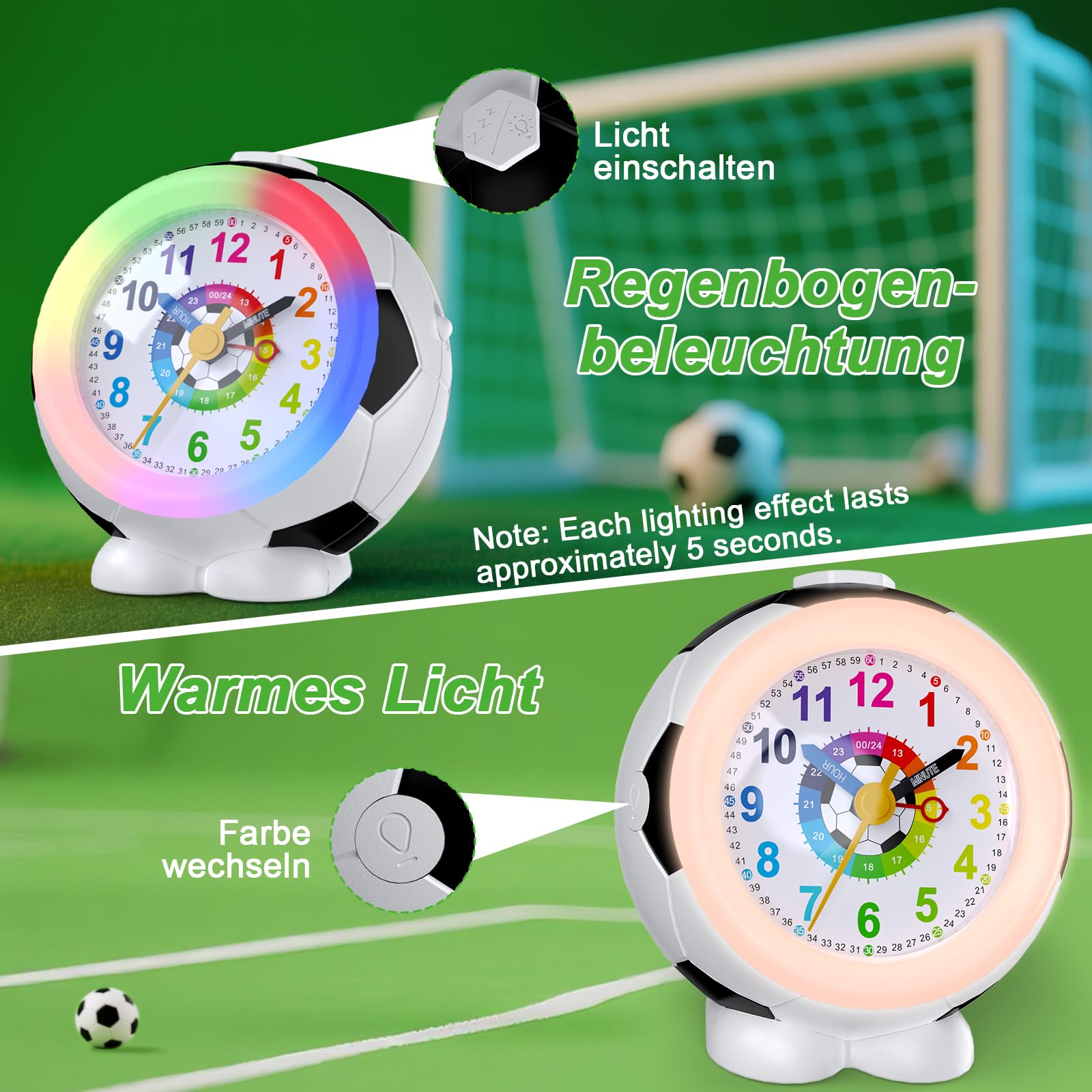 Réveil Enfant Football Garçon Fille Horloge Pédagogique Analogique Silencieux sans Tic-Tac avec Veilleuse Snooze Antidérapant Idée Cadeau Éducatif 5-12 Ans