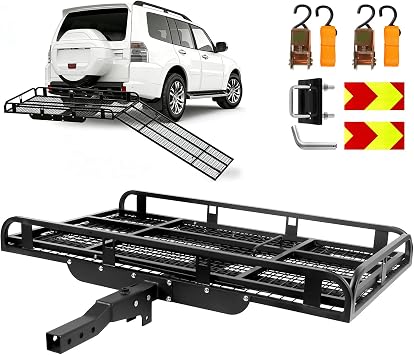 Hitch Cargo Carrier with Ramp, 1250LBS Aluminum Carrier | 55"x34" Platform, Folding Wheelchair Carrier, Mobility Scooter Carrier, 2" Receiver Compatible, Fits SUV Truck Van