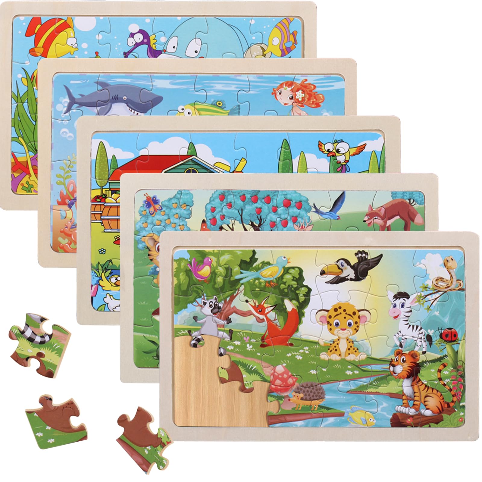 KELAV Puzzle Ab 3,Holzpuzzle Kinder 5x24 Teilen,Puzzlekinder,Steckpuzzle,Vorschule Lehrreiches Spielzeug,Holz Puzzle Ab Jahren 3 4 5 6 Jahre für Kinder Mädchen Jungen