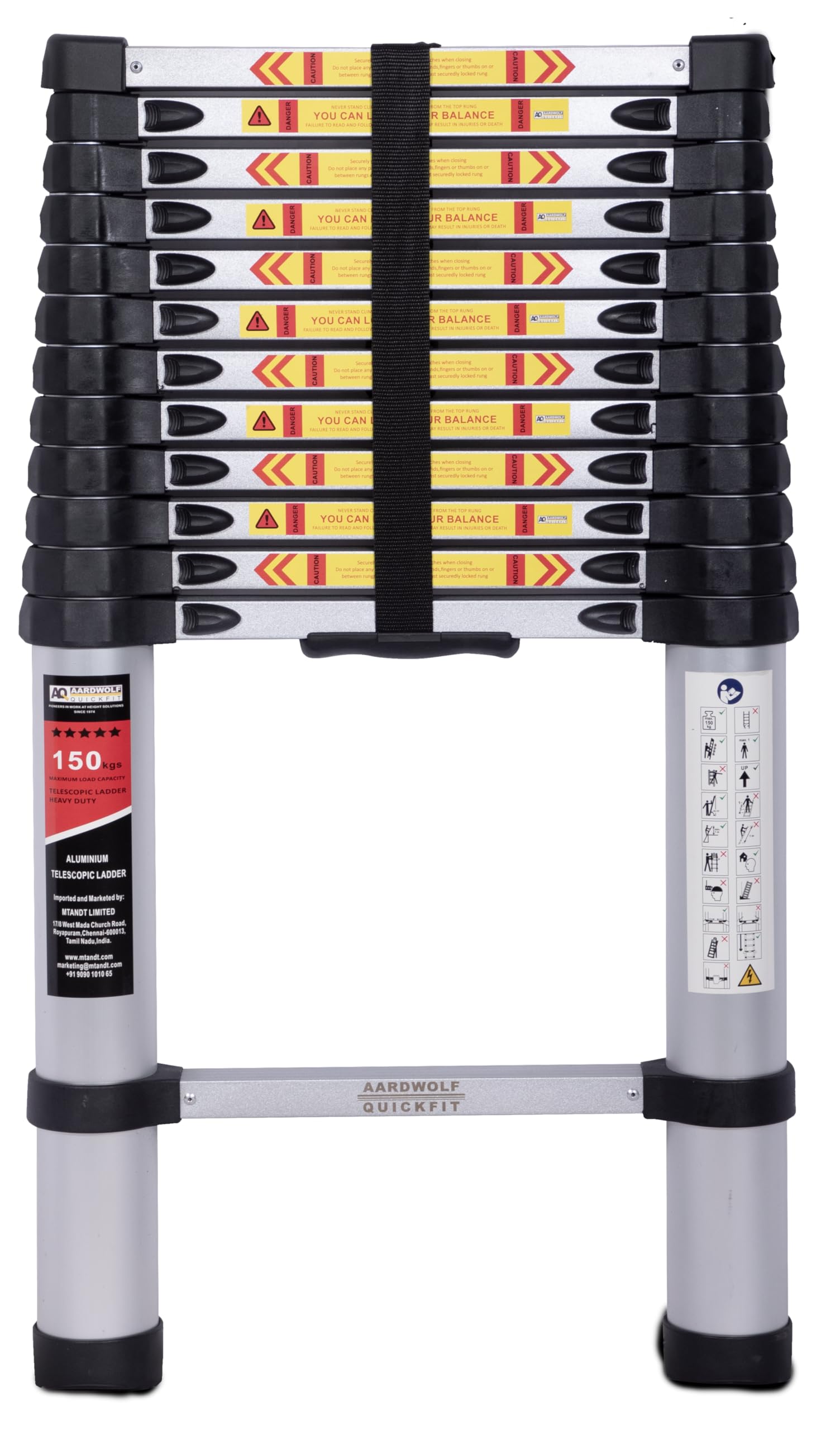 Aardwolf Quickfit 13 Step Telescopic Ladder - Heavy Duty Aluminium, Foldable, 3.8M/12.5 FT, 150 Kg Capacity - for Home, DIY Professional, Industrial Use-image-49