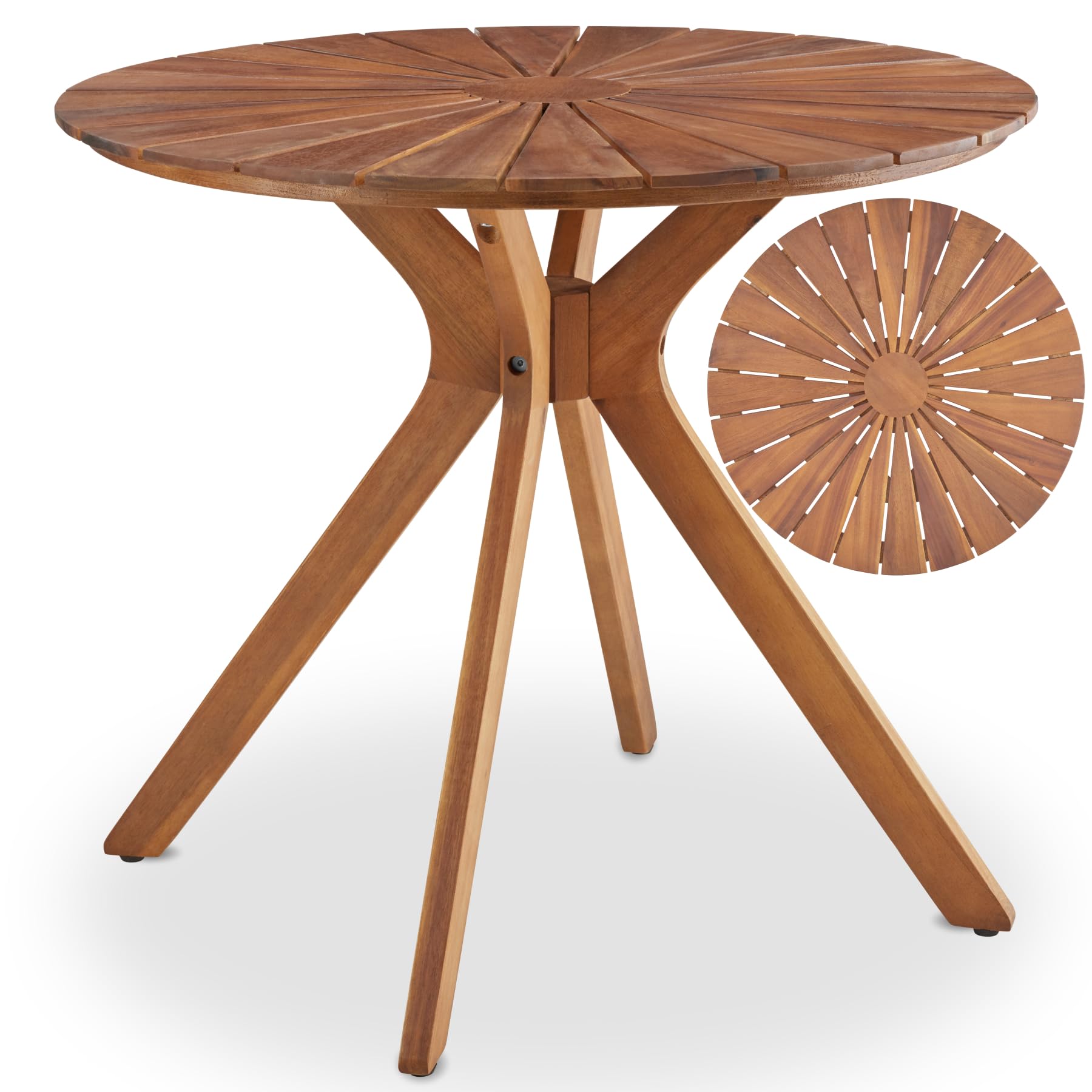 tectake® Massivholz Gartentisch, 70 x 70 x 62 cm, rund, wetterfest, X-Gestell, höhenverstellbar, Gartenmöbel, Akazienholz Gartentische, Outdoor Tisch, Gartentisch, Tischplatte mit Sonnenmuster