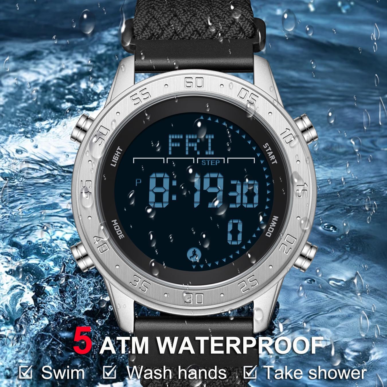 Montre militaire pour homme - Podomètre - Compteur de pas - Bracelet en nylon - Étanche - Affichage des calories - Métronome - Double temps - Chronomètre LED - Sans Bluetooth - Sans application