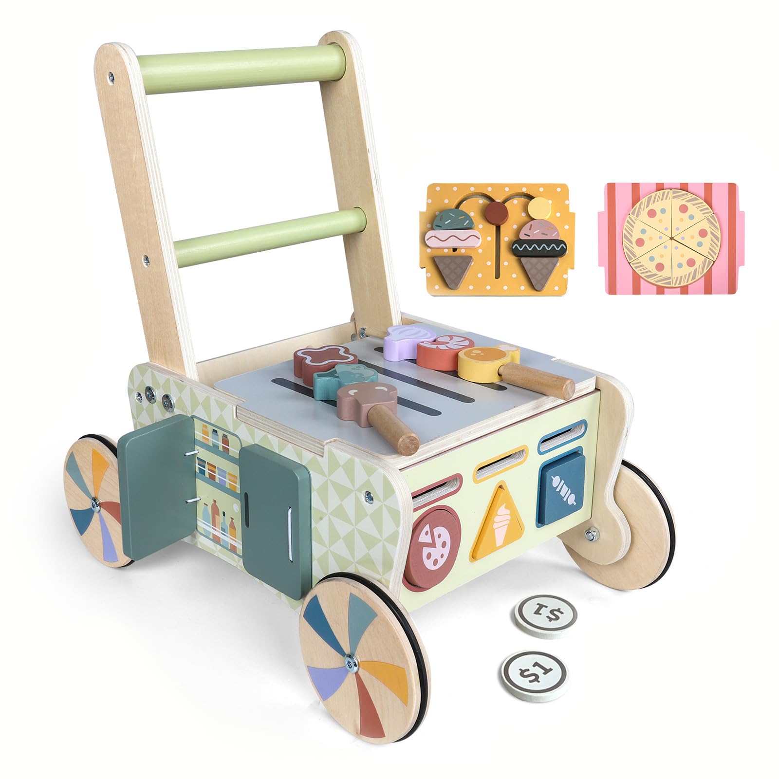 AmazingJoy Wooden Push Walker for Babies with Wheels 12 Months+ Wooden Baby Walker Activity Walker for Babies Montessori Multiple Learning Activities Center Walking Toy Adjustable Speed Birthday Gift