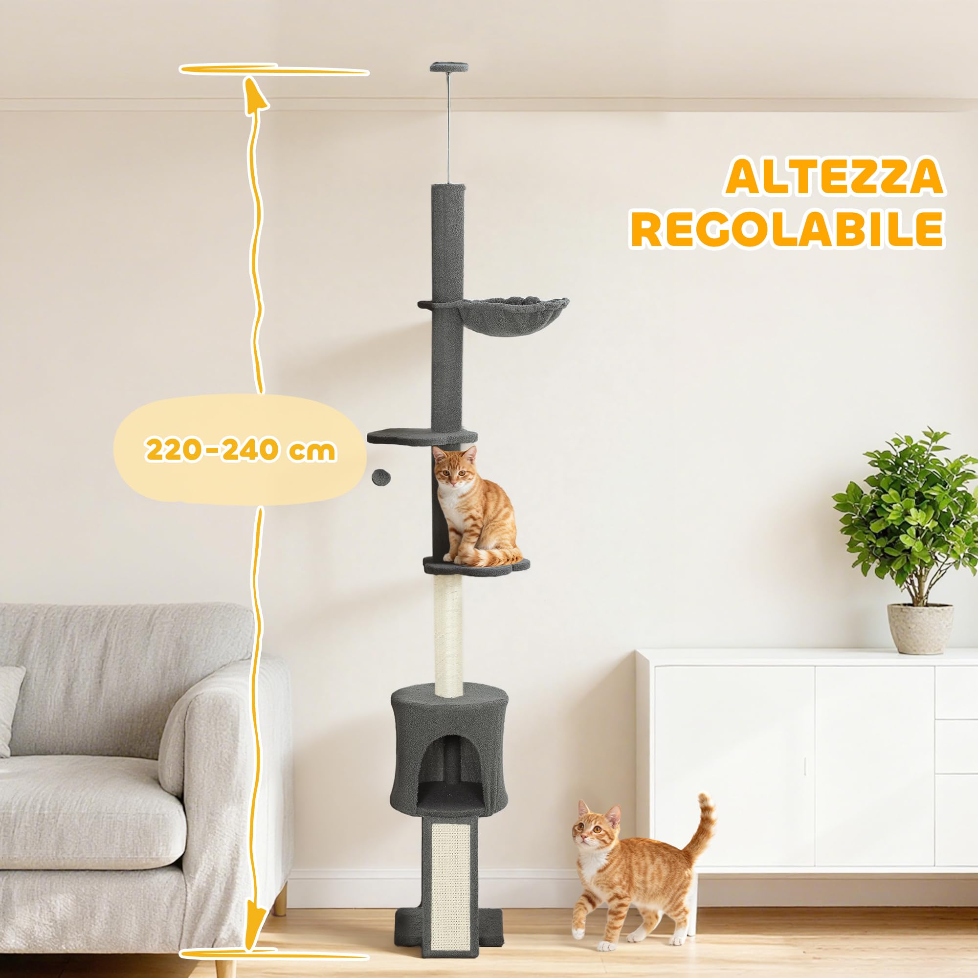 PawHut Albero per Gatti a Soffitto 5 in 1 Alto 220-240 cm, Torre per Gatti con Amaca, Casetta, Piattaforme a Fiore e Pali in Sisal, per Gatti fino 5 kg e Gattini, Grigio Scuro