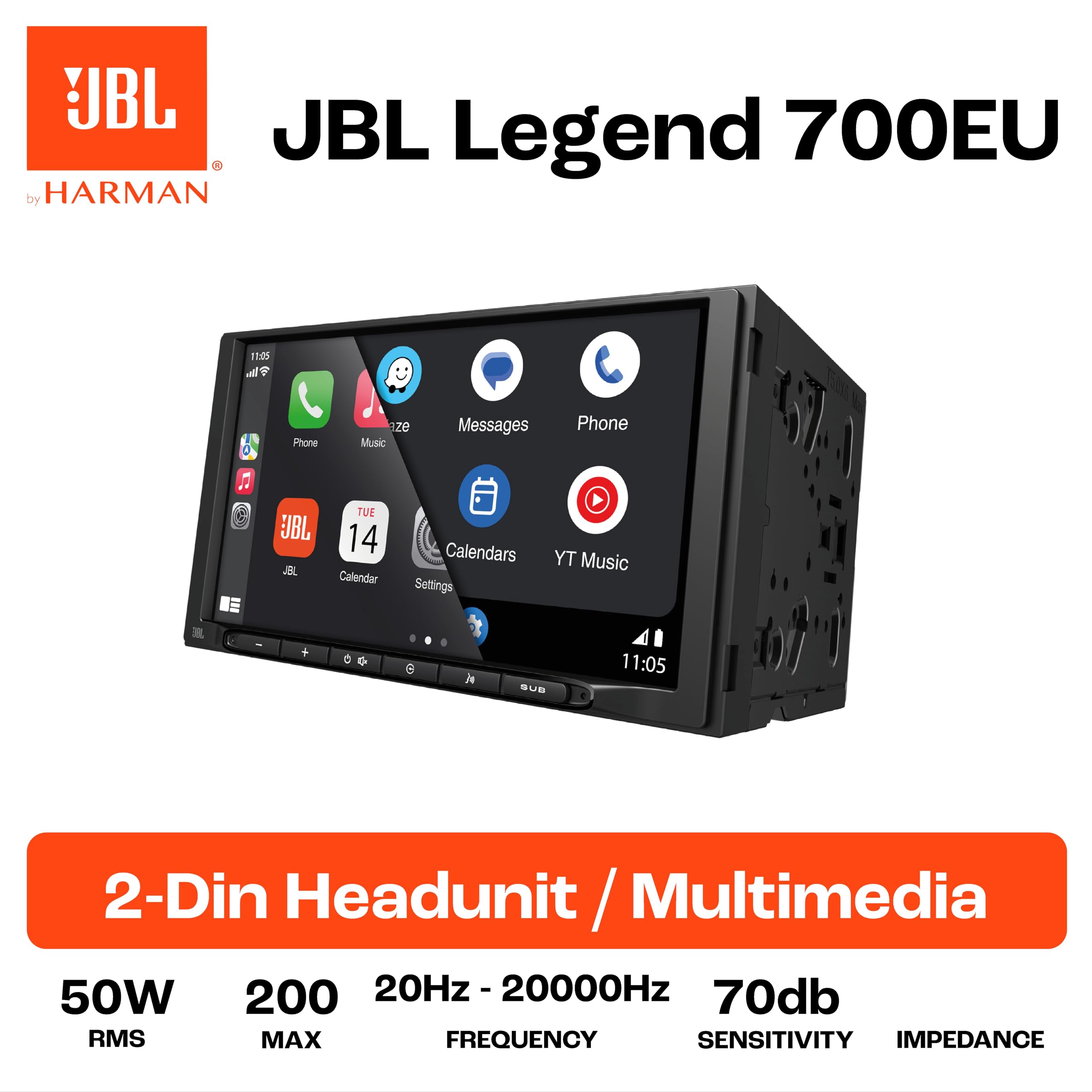 JBL Legend 700 Autoradio 2-DIN, CarPlay Coche & Android Auto Inalambrico | Pantalla táctil 7 pulgadas, 4x50 W, ecualizador paramétrico, preouts 4V, Bluetooth, USB, SD, cámara trasera, radio para coche