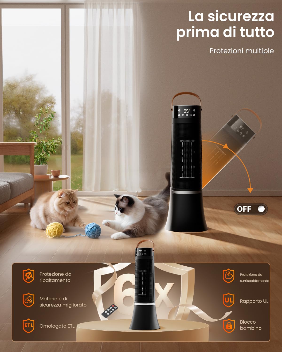Stufetta Elettrica Basso Consumo, 2000W PTC Termoventilatore, 75° Oscillazione, 3 Modalità, Telecomando, Protezione da Surriscaldamento e Ribaltamento, timer 12 ore, Stufa Elettrica