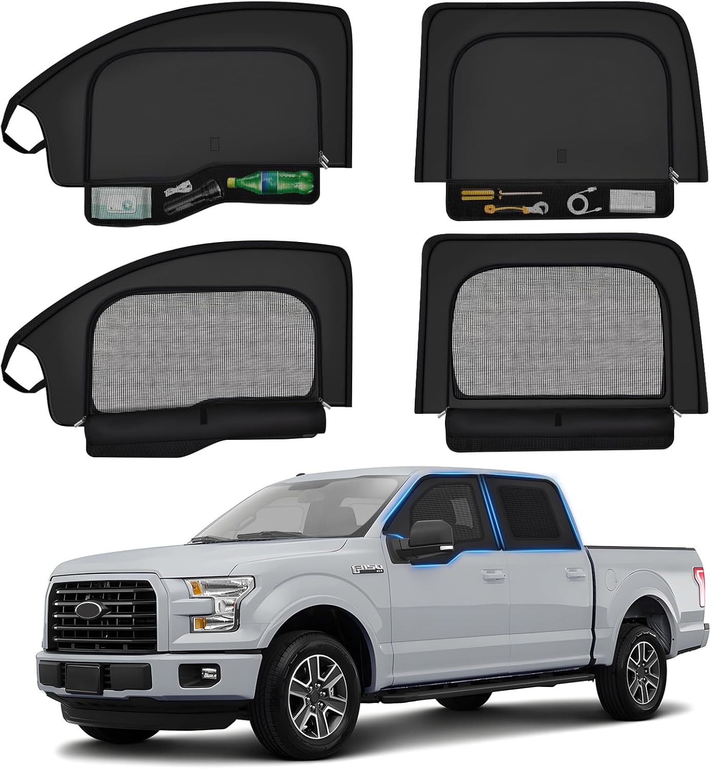 ZATOOTO Car Window Shades for Ford F-150 2021-2024 Car Window Covers Blackout | Double-Layer with Zipper | Airflow and Privacy F-150 Window Screen with Storage Bag for Camping Napping Traveling