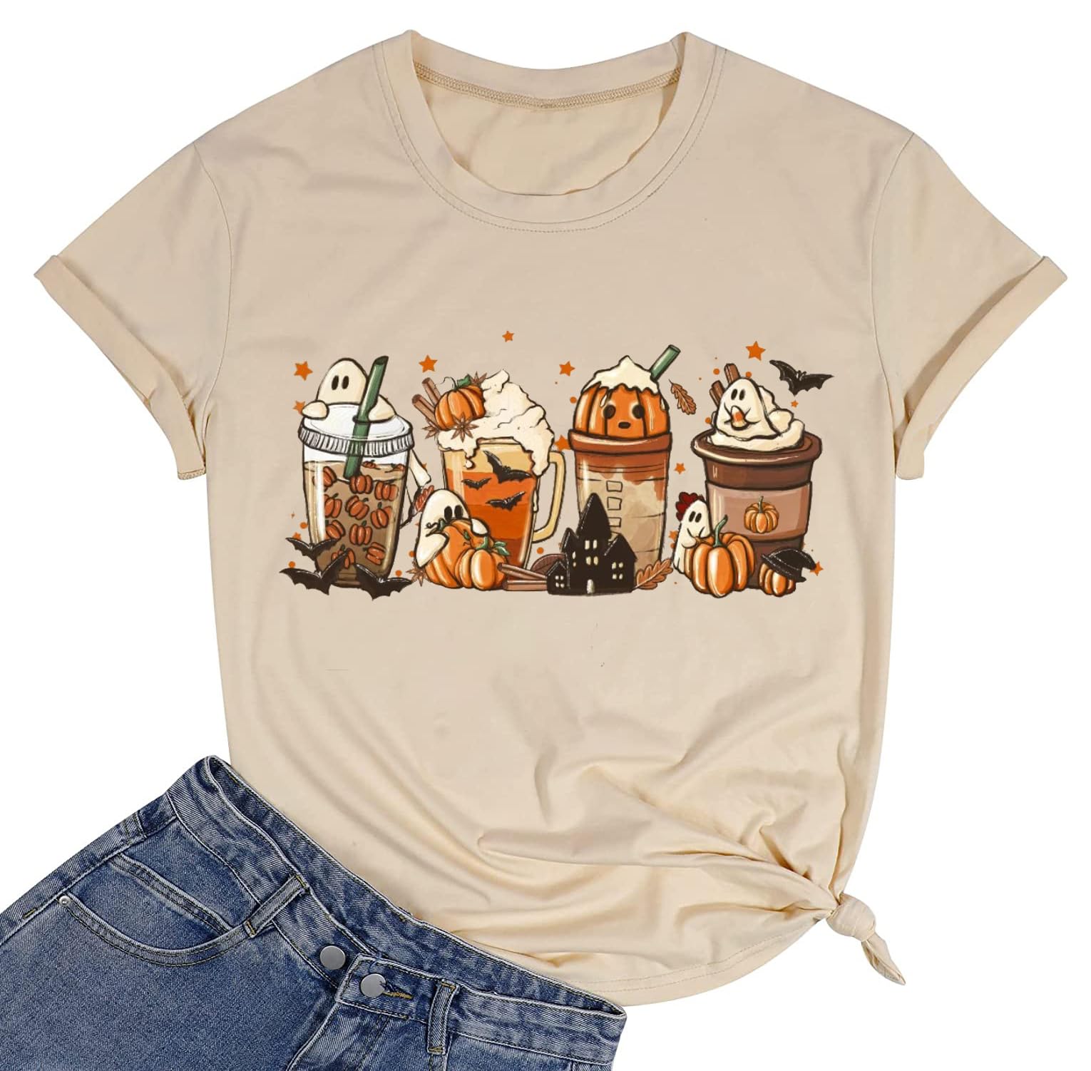 Pumpkin Latte Shirt Women Funny Graphic Fall Coffee Tee Coffee Lover Shirts Gifts Halloween Pumpkin Spice Tops