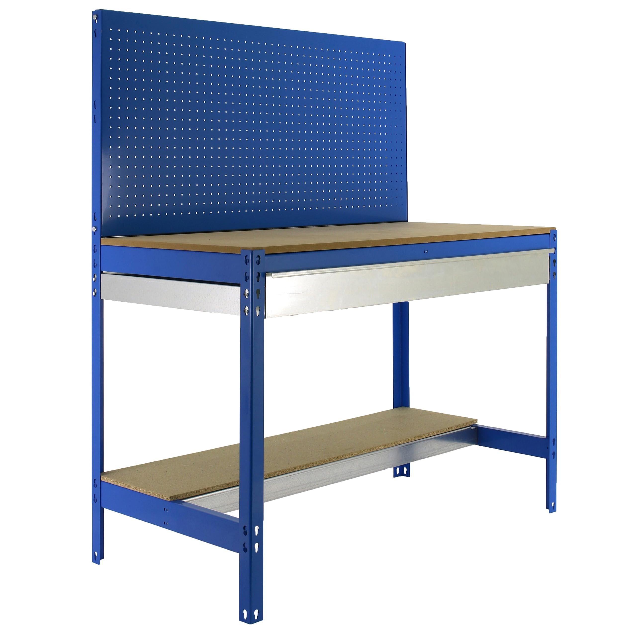 Simon Rack Banco da lavoro per officina, capacità di carico 600 kg, 1445x1210x610 mm, Pannello Forato, Tavolo da lavoro fai da te, Blu/Legno - BT2