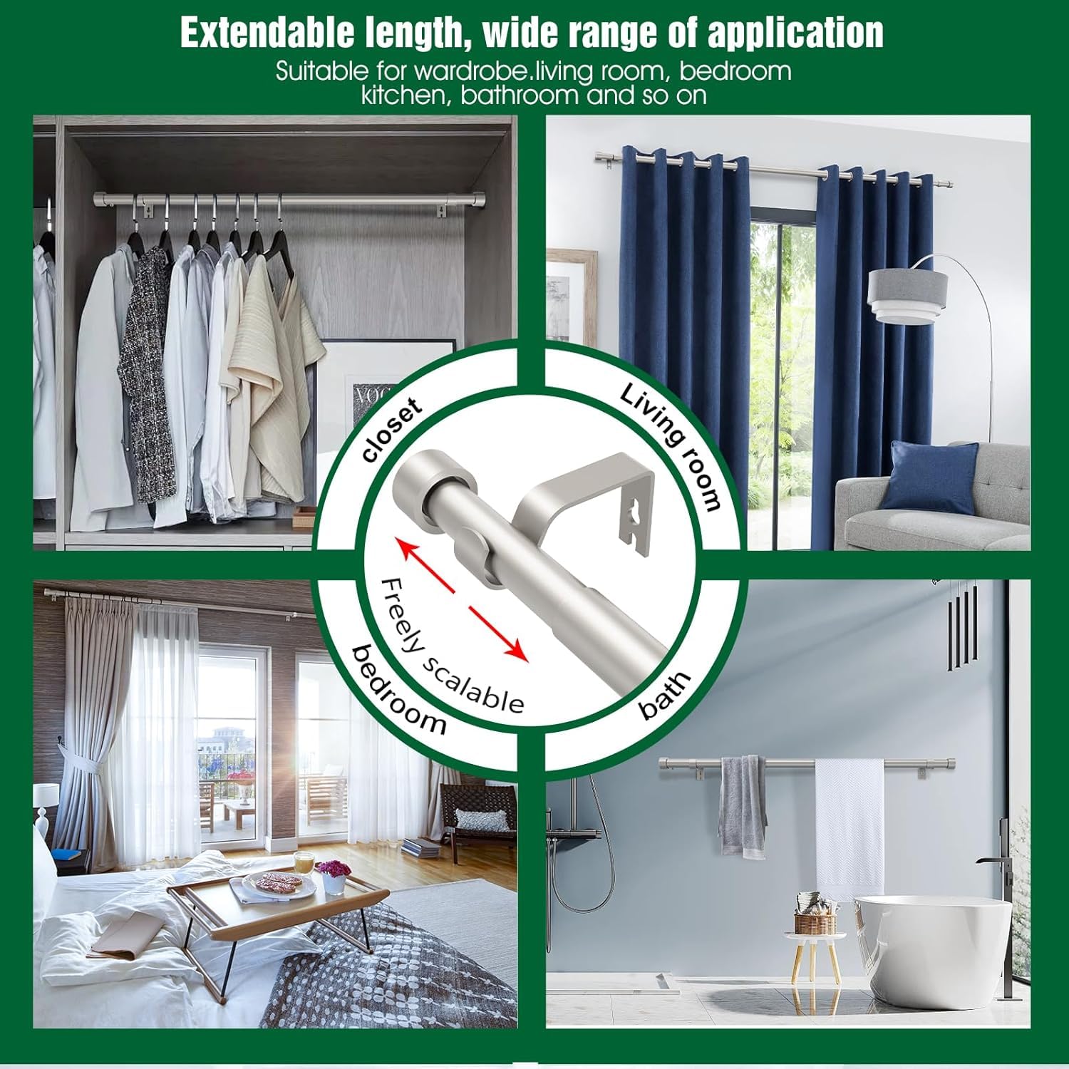 Jialexin Curtain Pole 40-190cm, Silver Stainless Steel Rail with Modern Cylinder Finials - Image 2