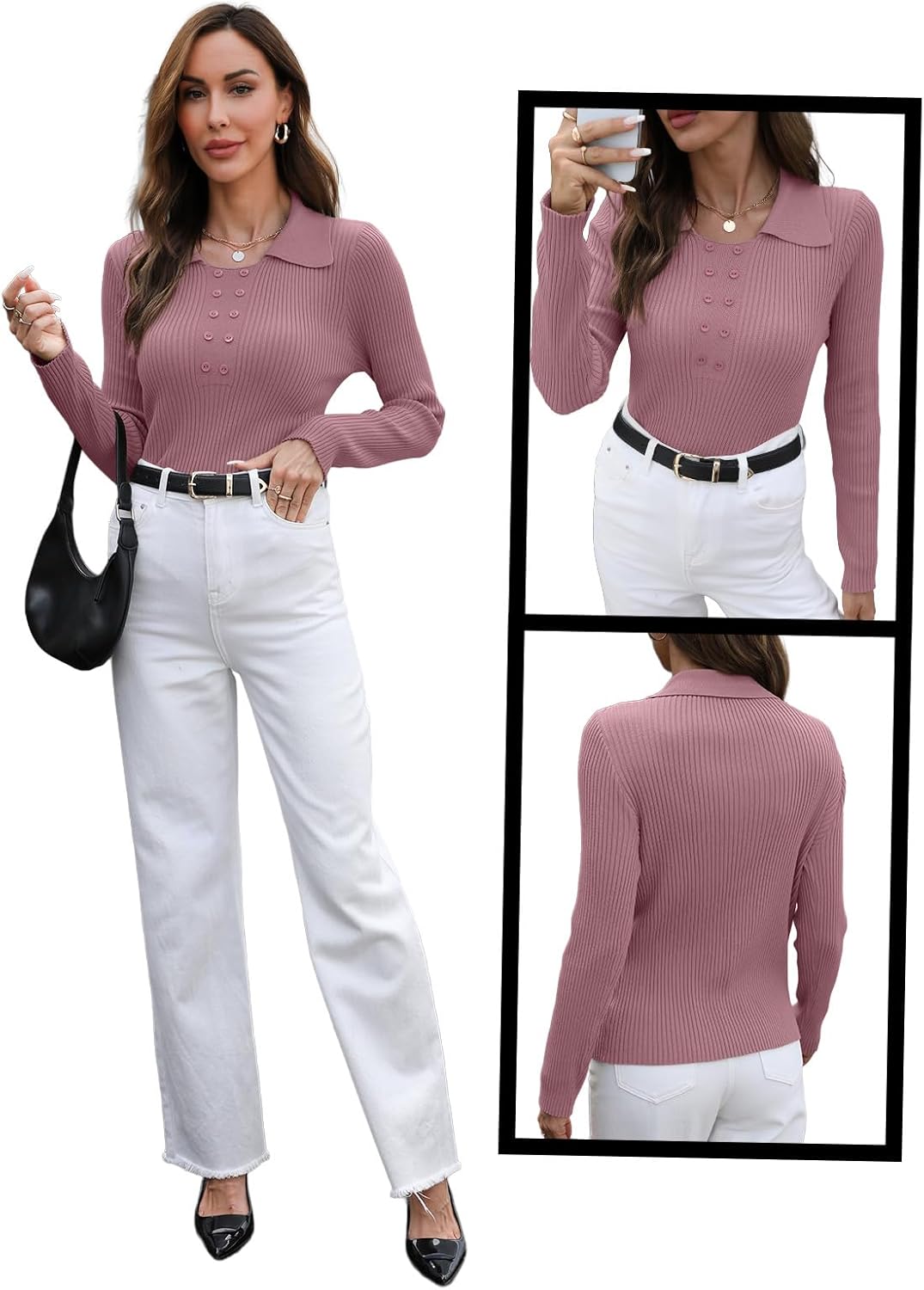 Ninee Womens Long Sleeve Pullover Sweaters Casual Lapel Crew Neck Button Down Tops Trendy Fall Knit Slim Fit Shirts - Image 2