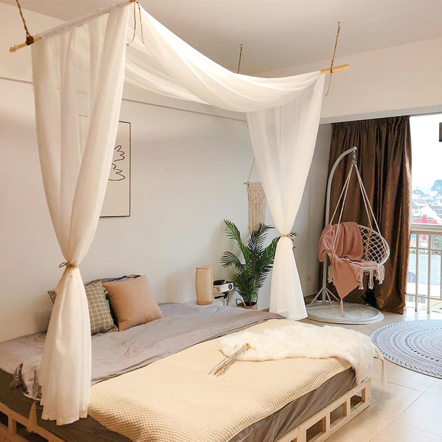 Comtelek Himmelbett Vorhänge mit 2pcs Himmelbett Stange, Organza Stoff Hochzeit Vorhang Weiß Fenster Deko Tüllstoff Meterware Transparent für Betthimmel Doppelbett Hochzeit Traubogen Boho deko (255in)