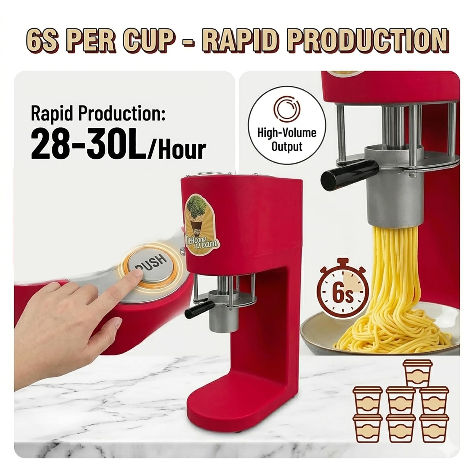 Extrusora Comercial de «Spaghetti EIS» — Robusto Motor de 80 W, Base Estable Que Evita el tambaleo, Prensa 4 en 1 para Helados Tipo fideo, Ideal para heladerías y restaurantes Red