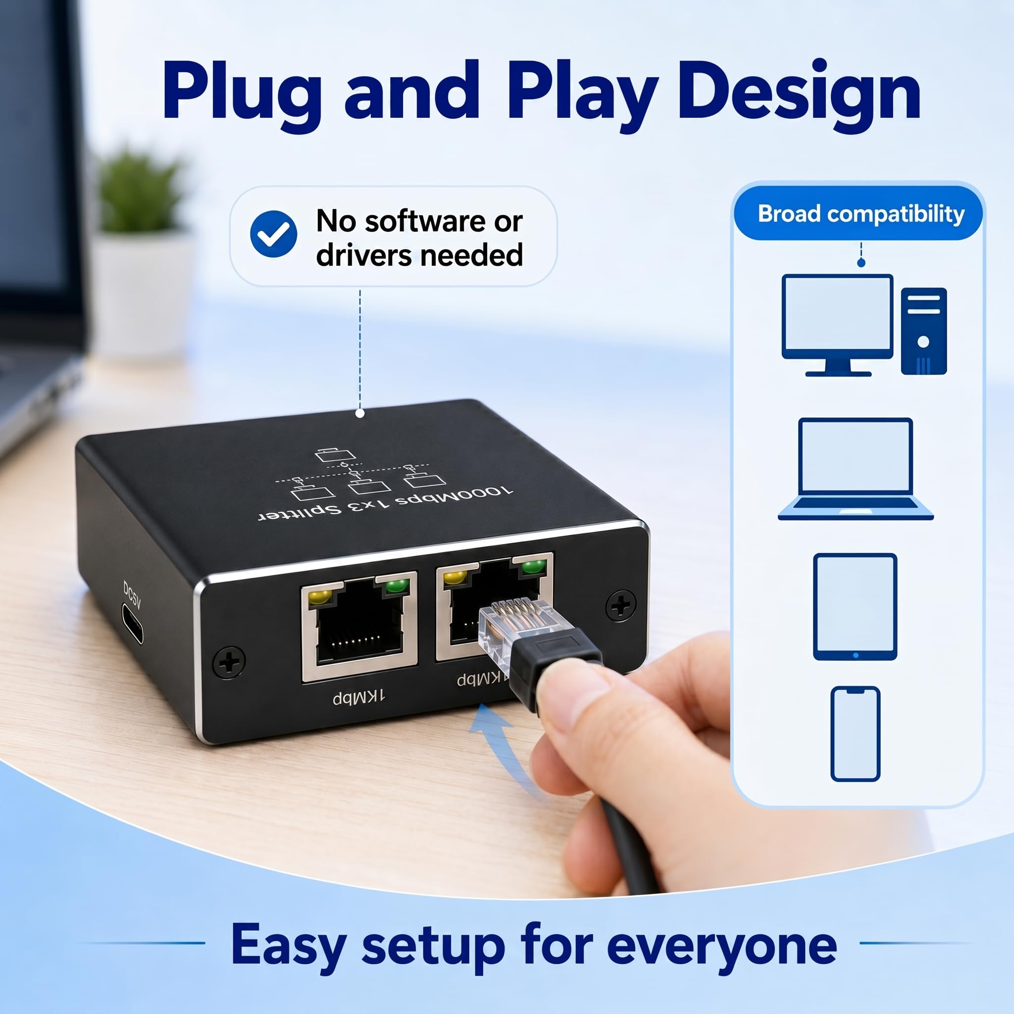 LAN Switch 1 Auf 3, LAN Splitter 1 auf 3 1000Mbps Gigabit Ethernet Verteiler mit Aluminiumgehäuse, RJ45 Splitter USB-C-Stromversorgung Computer, Router, Set-Top Box, Homeoffice, Büro, kompakt tragbar