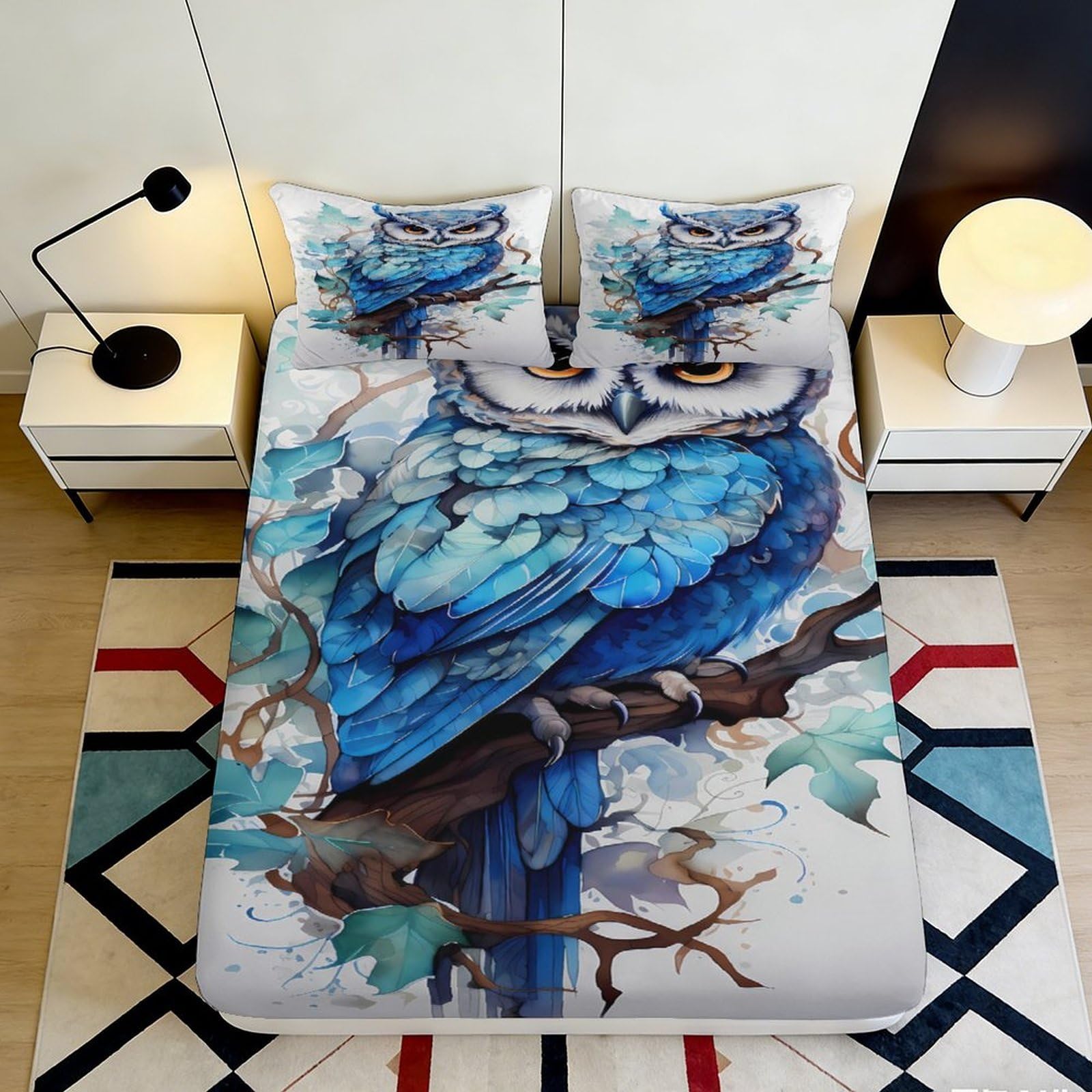 Kzqnxhjprl Style-10 3D Printed Blue Owl Fitted Sheet Microfiber Soft Anti-Slip Forest Branch Mattress Cover For Bedroom Dorm Decoration 90X200x25cm