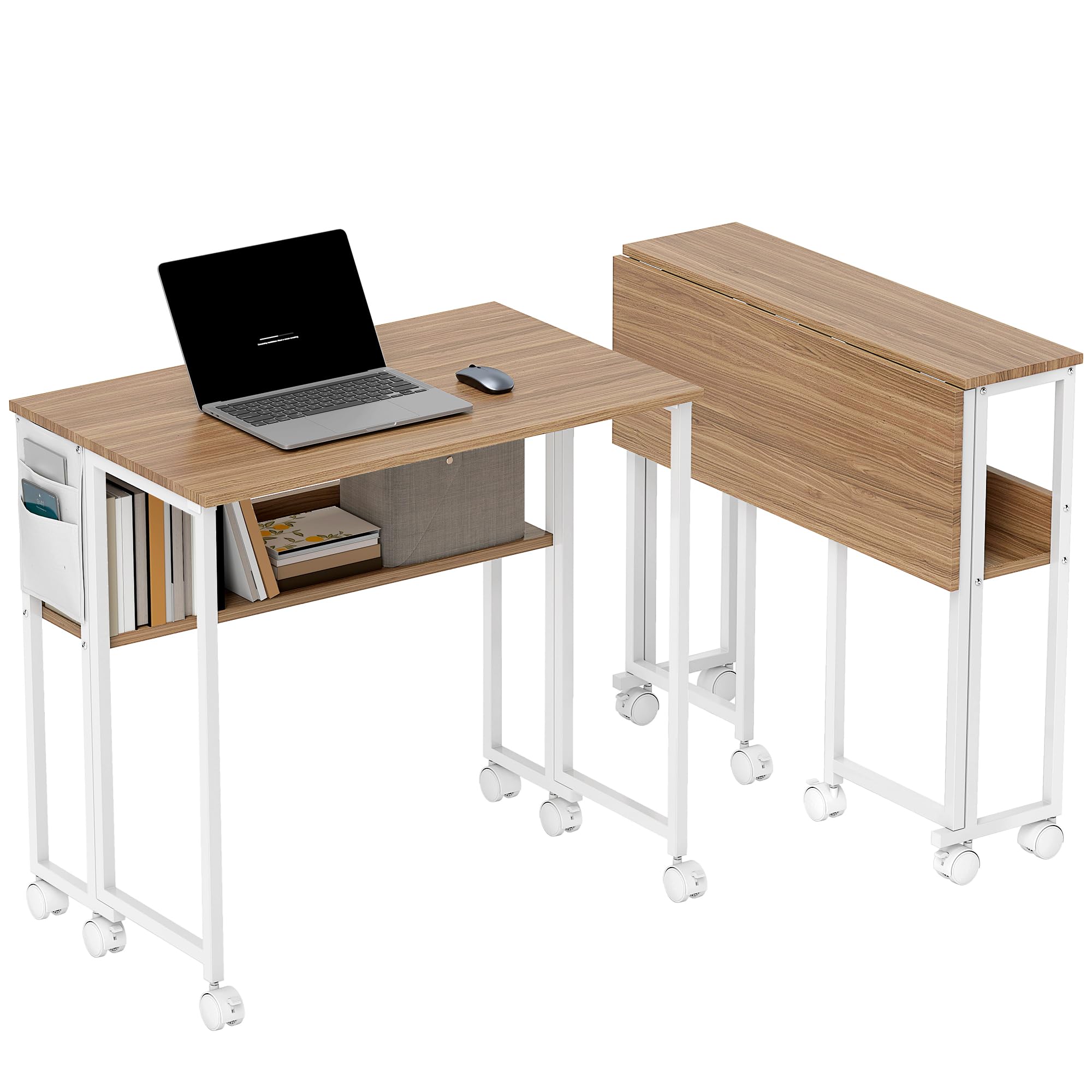 Homcom 80 Cm Foldable Computer Desk On Wheels For Small Spaces Natural