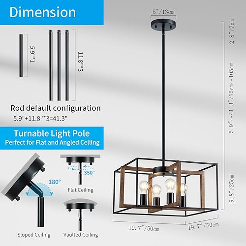 Miniatura 3 de XINGQI Candelabro cuadrado de 4 luces, lámpara de granja, moderna iluminación colgante para cocina, isla, comedor, sala de estar, acabado de grano