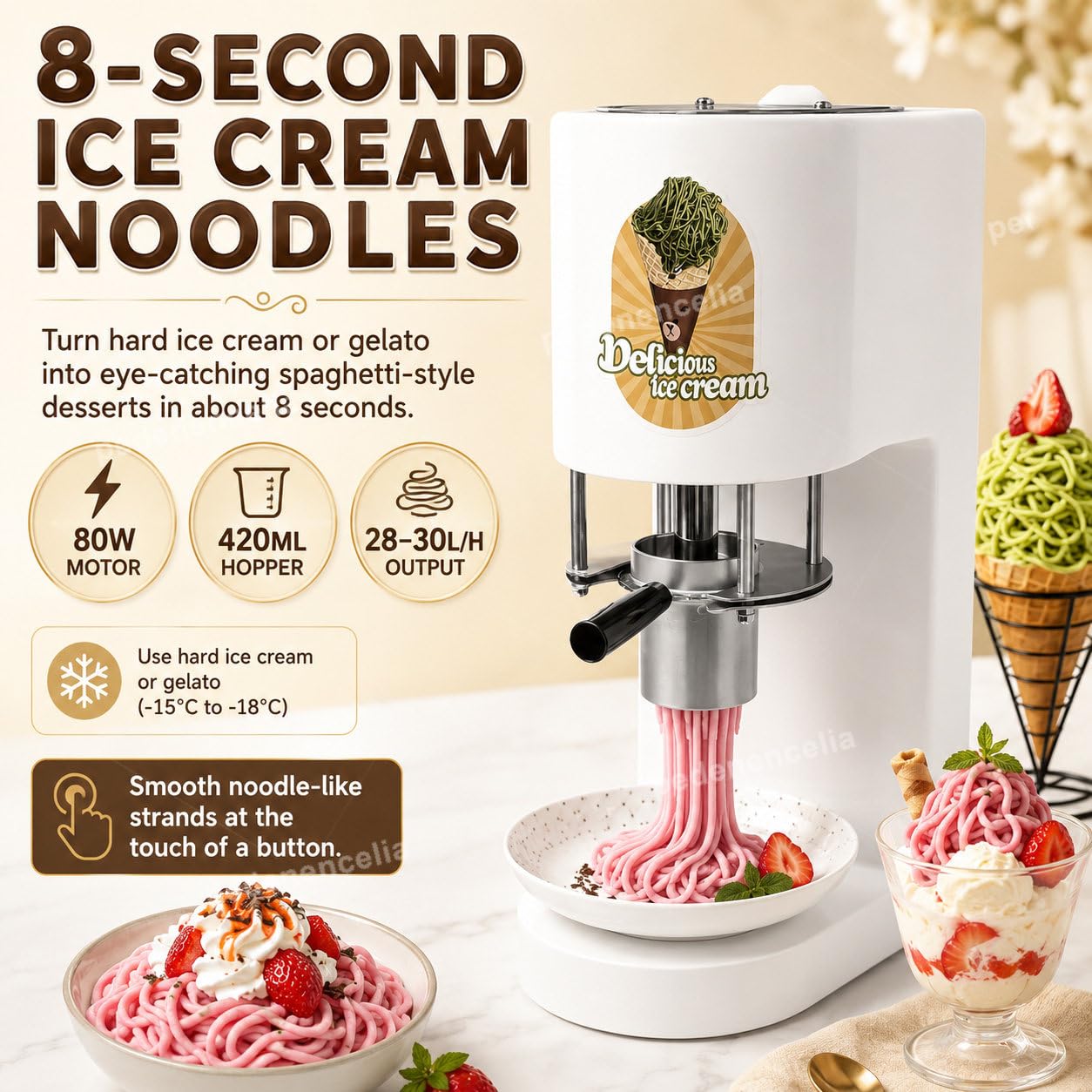 Máquina Comercial para Helados, para Helado Tipo Fideos, 4 Moldes De Formas, Máquina para Hacer Helado Tipo Espagueti, Máquina Eléctrica para Hacer Helados White