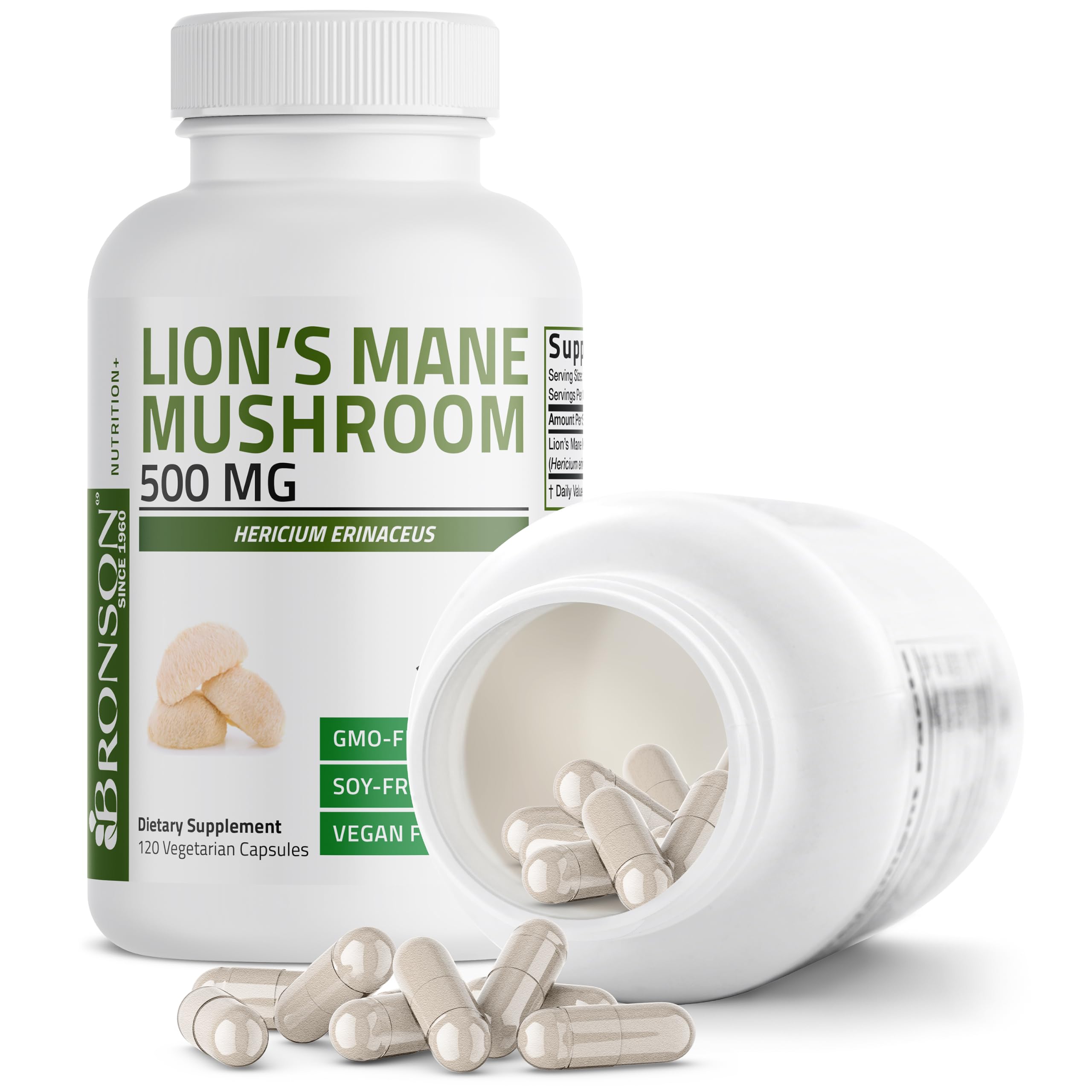 Bronson Lion's Mane Mushroom 500mg Hericium Erinaceus Non-GMO, 120 Vegetarian Capsules 120 Count (Pack of 1)