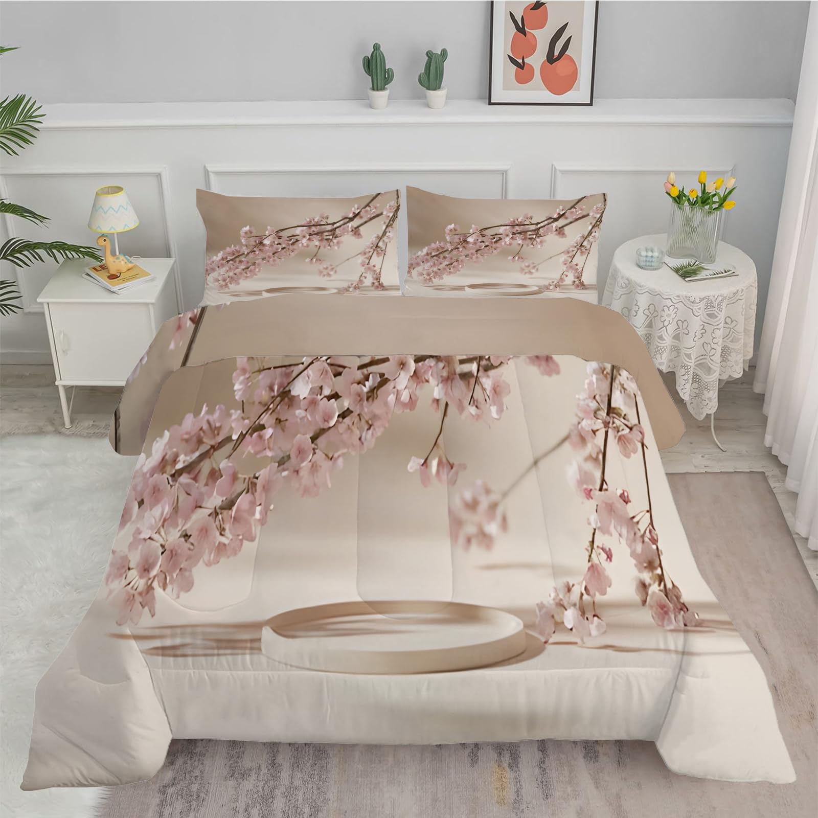Beige Super King Size Duvet, Coverless Duvet with cherry blossoms Pattern, Superking Quilt 7.5 Tog for All Seasons, Soft and Comfy, Lightweight Washable Comforter 260x220 cm with 2 Pillowcases