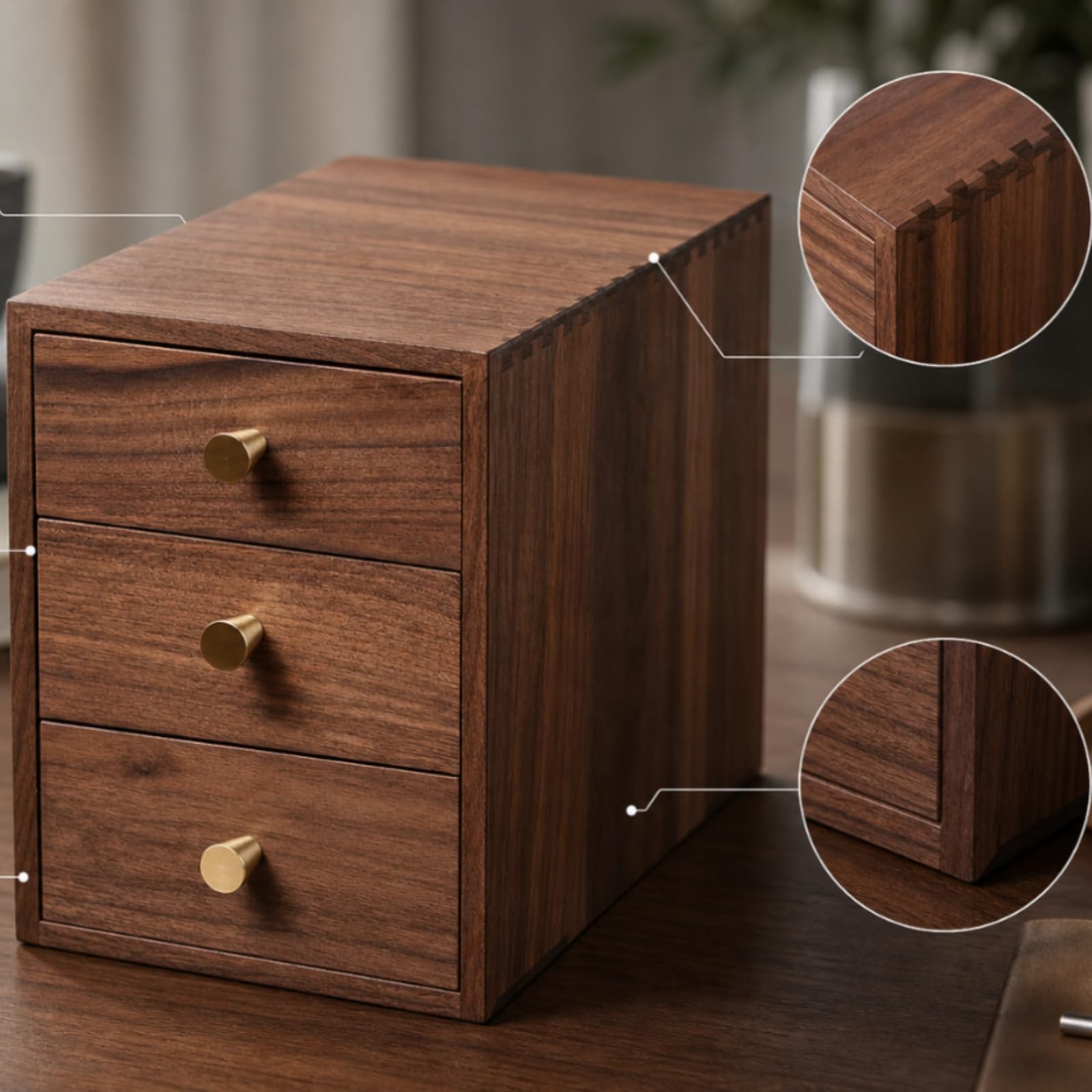 Schreibtisch-Organizer mit Schubladen platzsparend Organizer mit Schubladen praktisch Schubladenbox für Büro, Klein 13x23x20cm, Nordamerikanischer Schwarznussbaum Mit Konischem Griff
