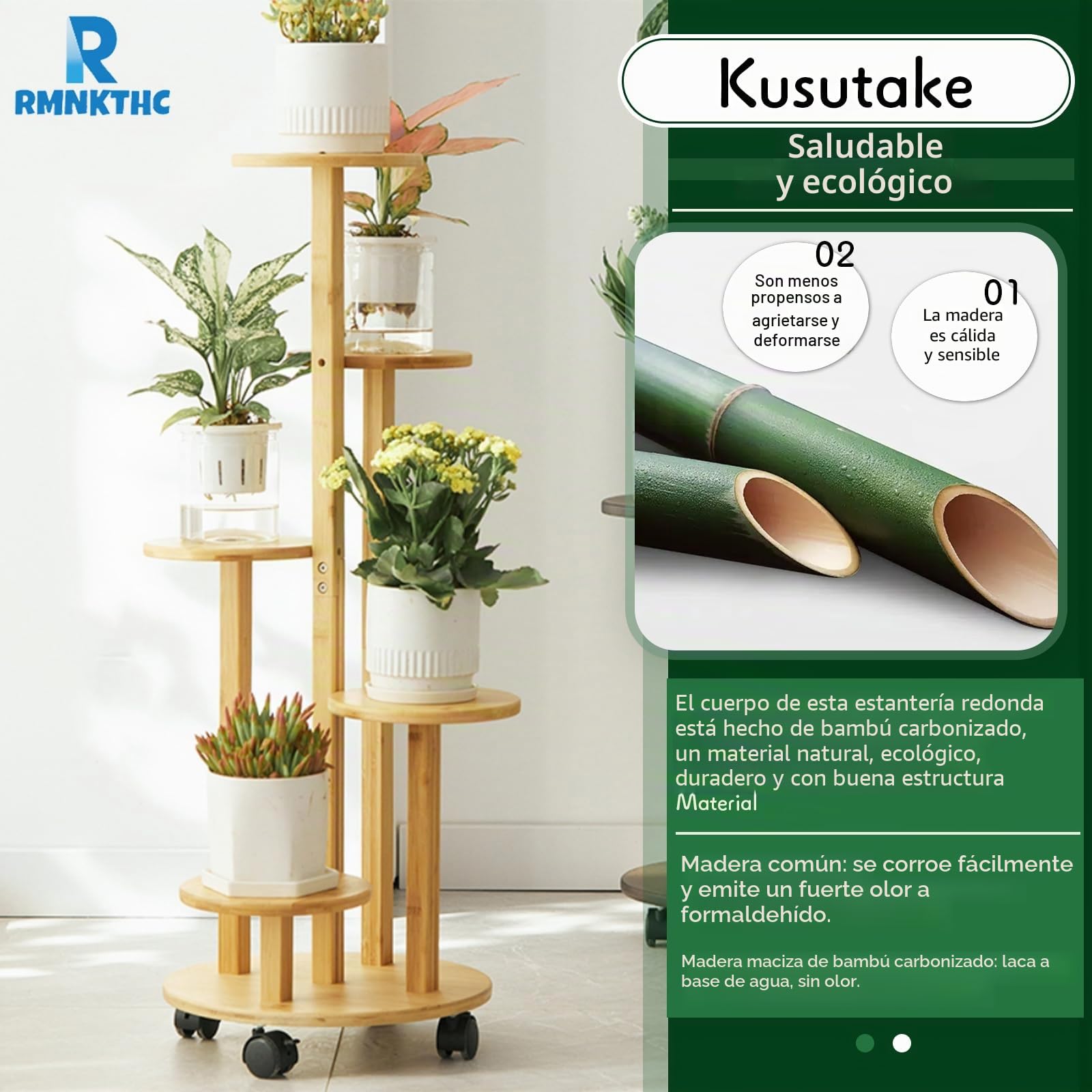 Estantería de bambú para flores con ruedas, 5 niveles, capacidad de carga de 20 kg, material natural resistente al agua, fácil montaje para salón, balcón, dormitorio (color madera)